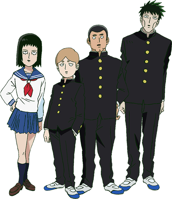 psycho 桌布 壁紙 — 四個動畫學生穿著校服，站在純青色背景前，表情空白。