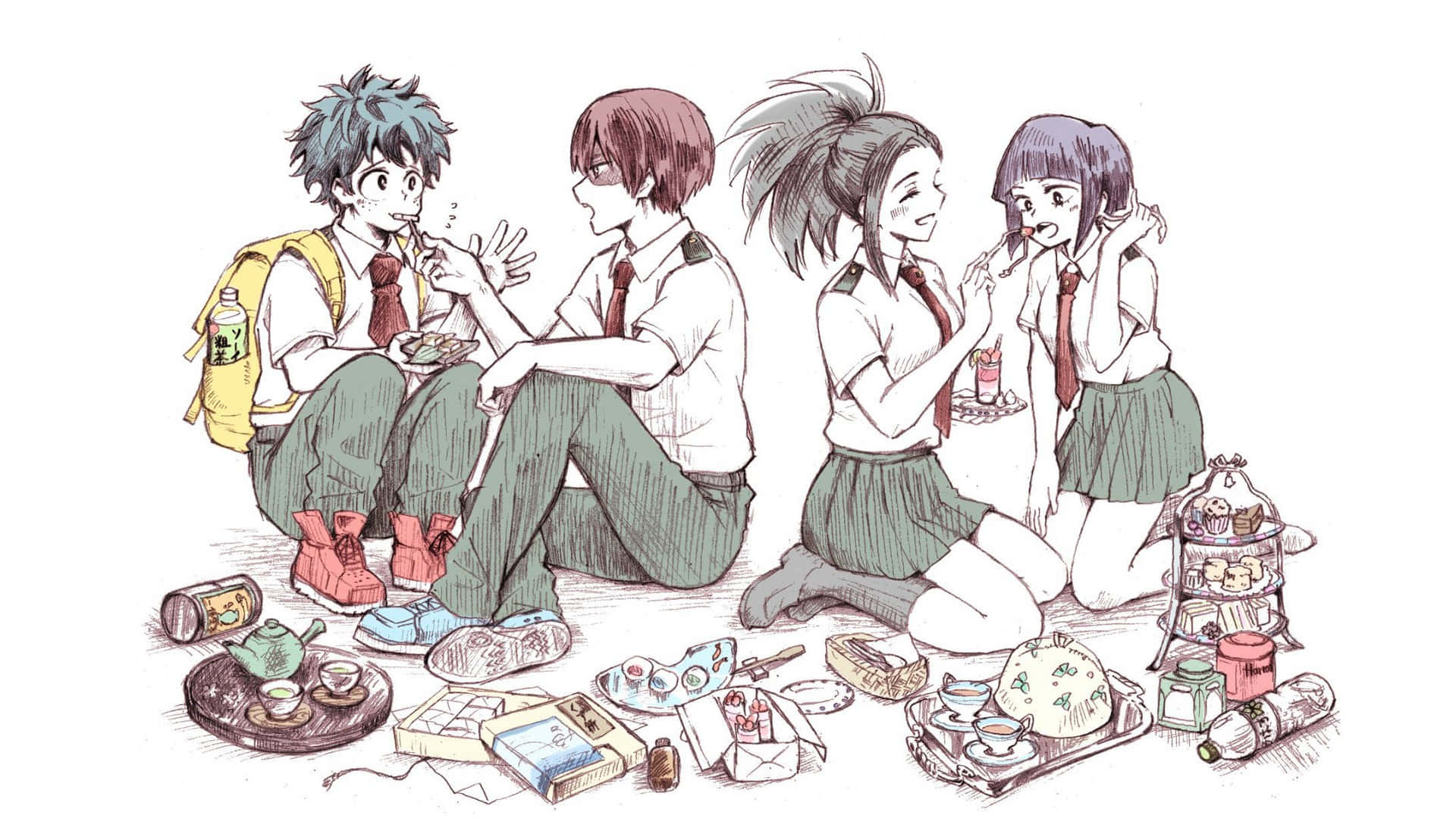Momo Yaoyorozu 桌布 壁紙 — 四個動畫學生穿著校服在白色背景上享受一個雜亂的野餐，有零食和茶。