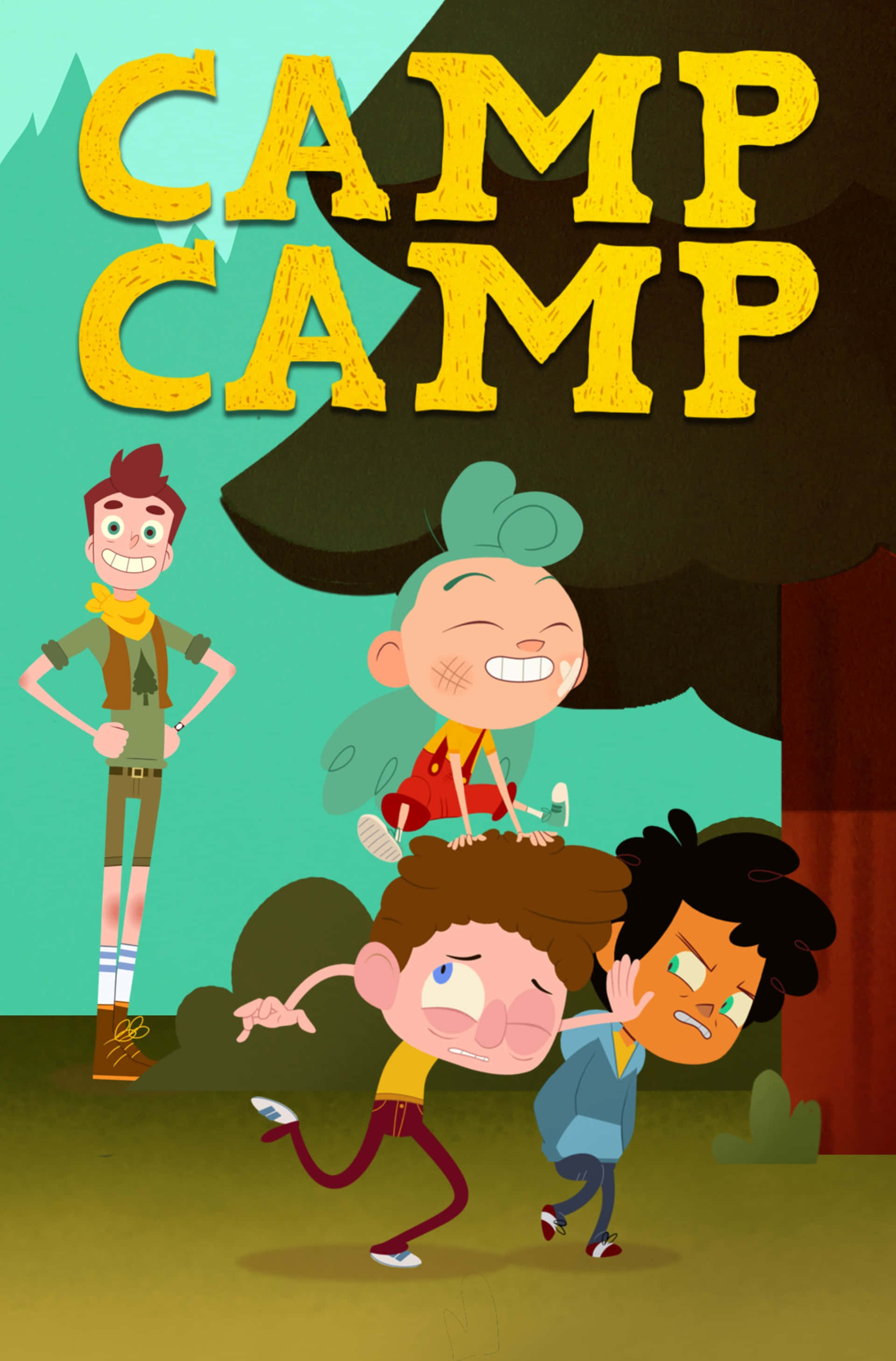 桌布 壁紙 — 四個動畫小孩在一棵大樹下嬉戲互動，上方有粗體黃色「CAMP CAMP」字樣。