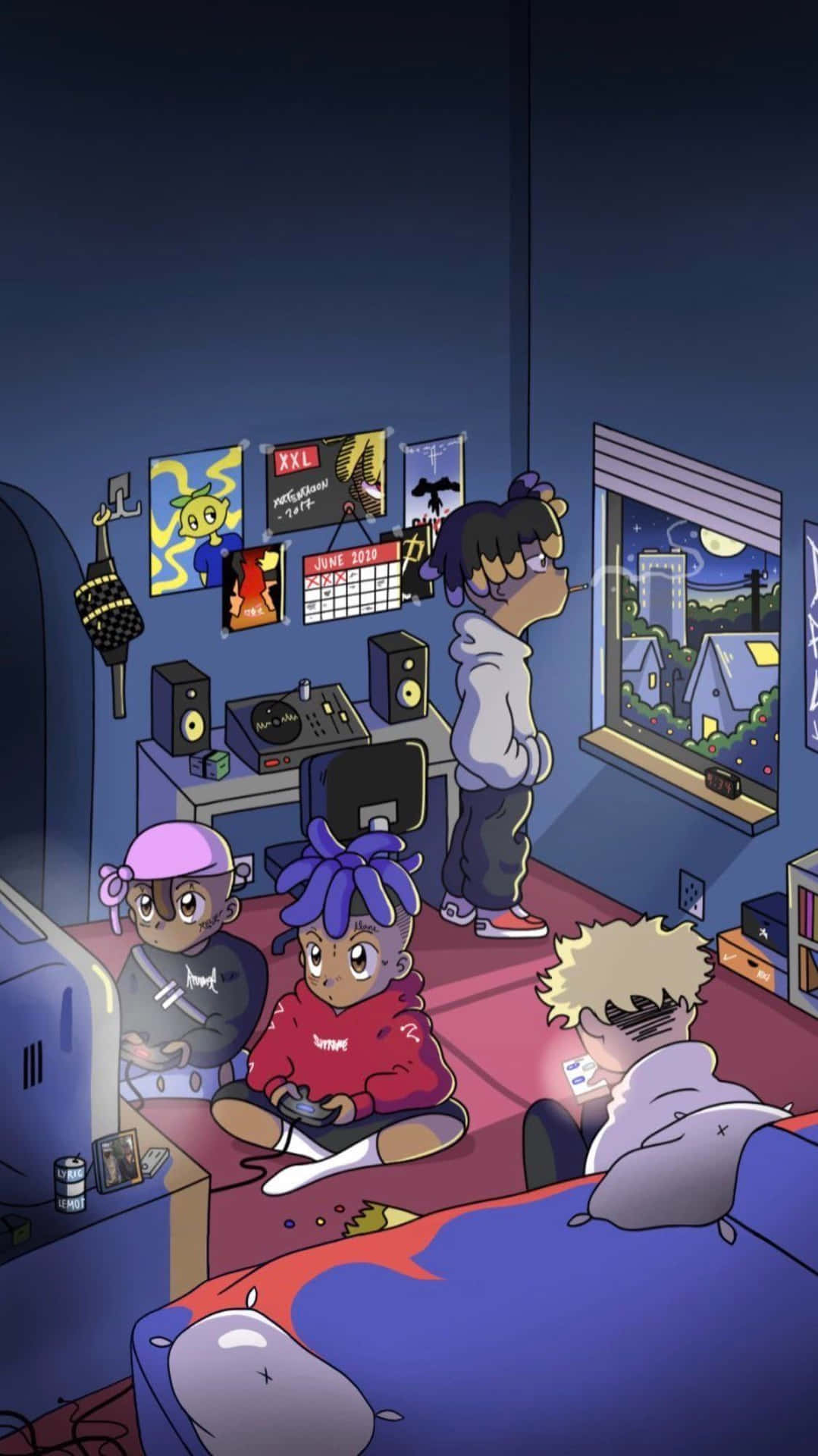 四個小孩在臥室裡夜晚，一個望向窗外，其他人玩耍或休息。 — Juice Wrld 壁紙