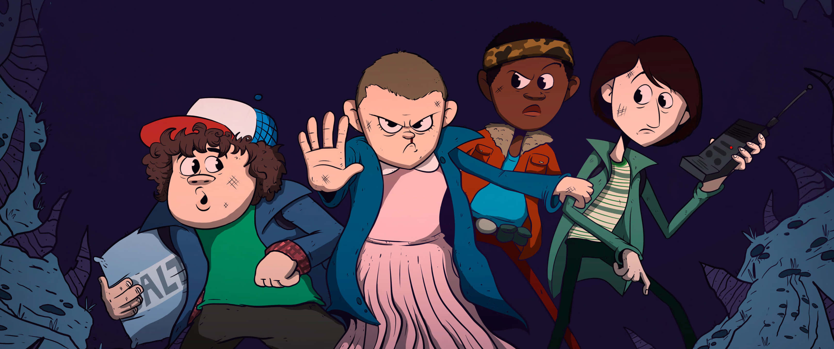 Stranger Things Girly 桌布 壁紙 — 四個動畫小孩在黑暗洞穴中拿著對講機和一個袋子，看起來既害怕又堅定。