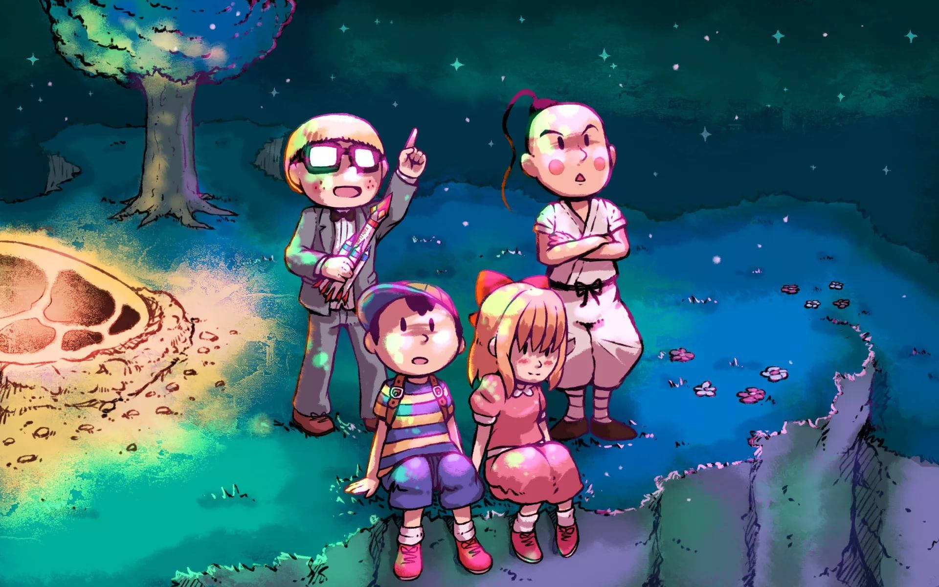 地球冒險 桌布 壁紙 — 四個動畫小孩站在懸崖邊，在星空下指向一棵發光的樹和爪印。