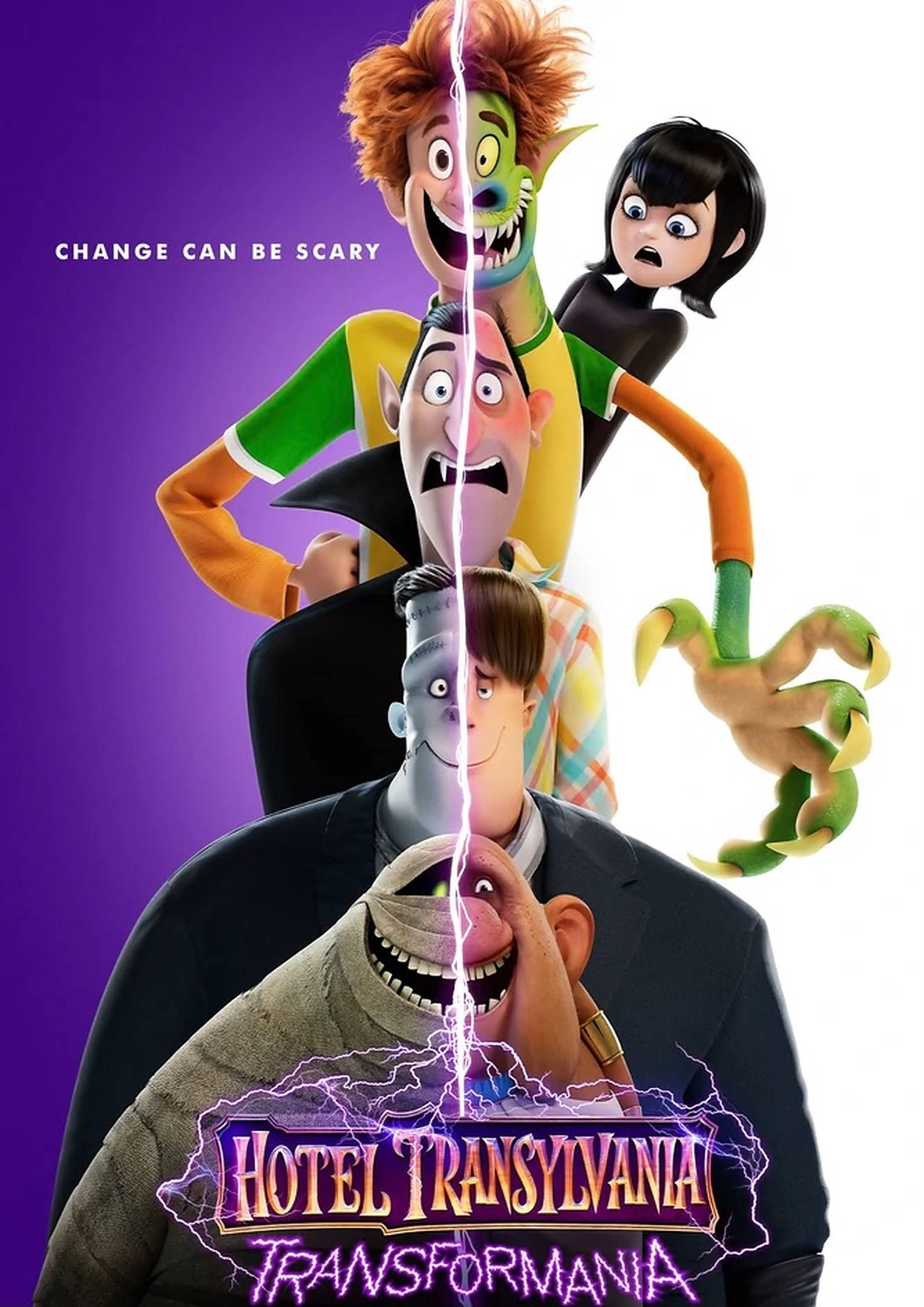hotel transylvania transformania 桌布 壁紙 — 四個動畫怪物被閃電劈開，在紫色和白色背景上露出震驚和喜悅的表情。