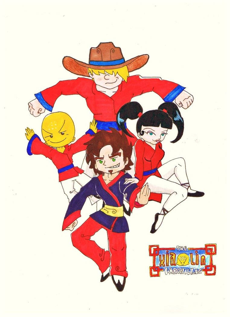 藝術 桌布 壁紙 — 四個動畫武術家穿著紅色、藍色和黃色服裝，在純色背景上動態擺姿勢。
