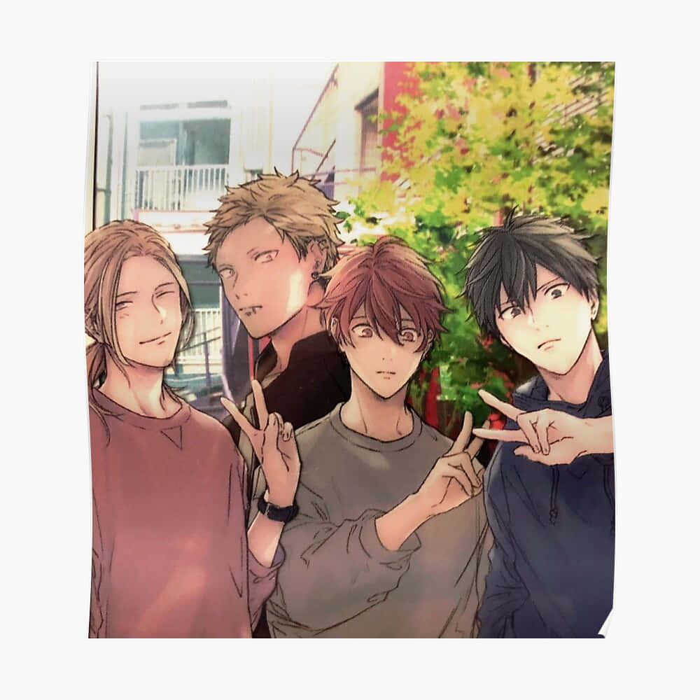 yaoi 桌布 壁紙 — 四個動畫男孩在陽光普照的城市小巷中，在明亮的綠樹下擺出和平手勢。