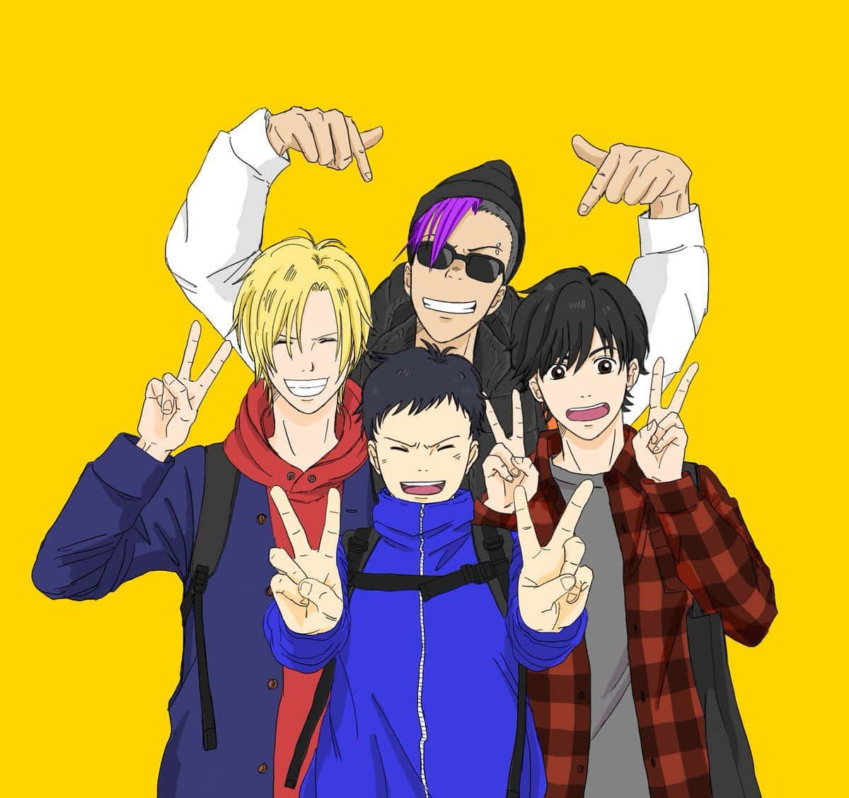 Banana Fish 桌布 壁紙 — 四個動畫男孩穿著色彩繽紛的服裝，在明亮的黃色背景前開心地擺姿勢，做出和平手勢。