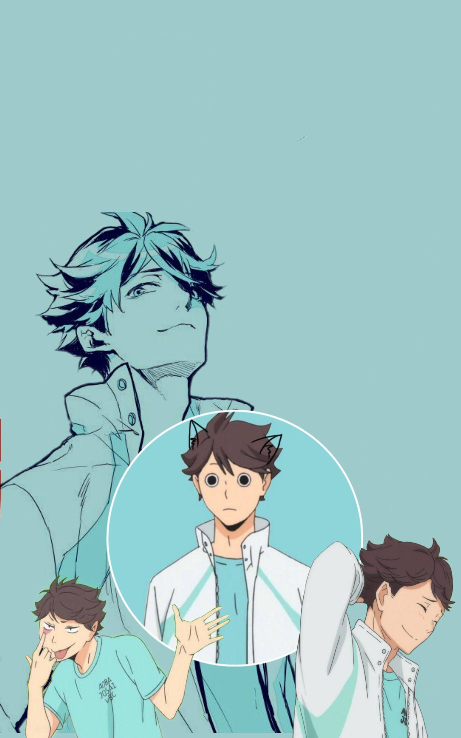 toru oikawa 桌布 壁紙 — 四個動畫男孩穿著青綠色和白色制服，在純青綠色背景前擺姿勢，其中一個在圓圈中突出顯示。