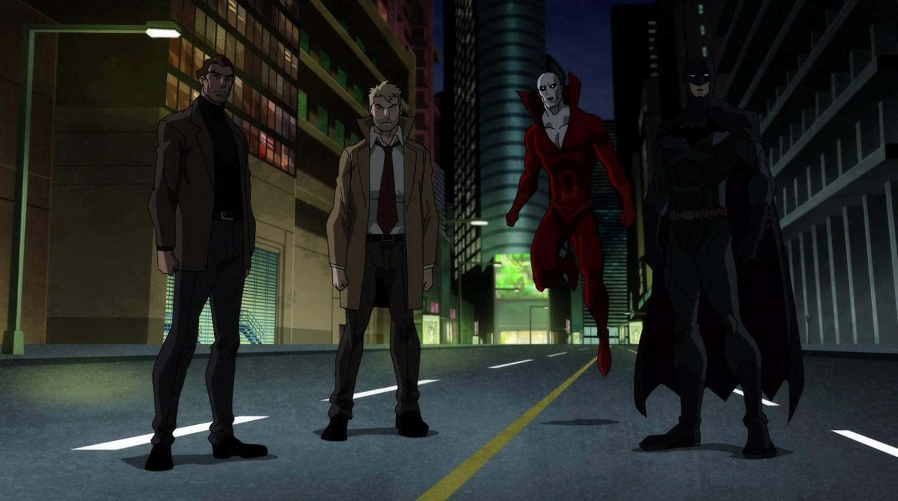 The Justice League Dark 桌布 壁紙 — 四個動畫義警站在夜間霓虹燈照亮的城市街道上，背後是高聳的摩天大樓。