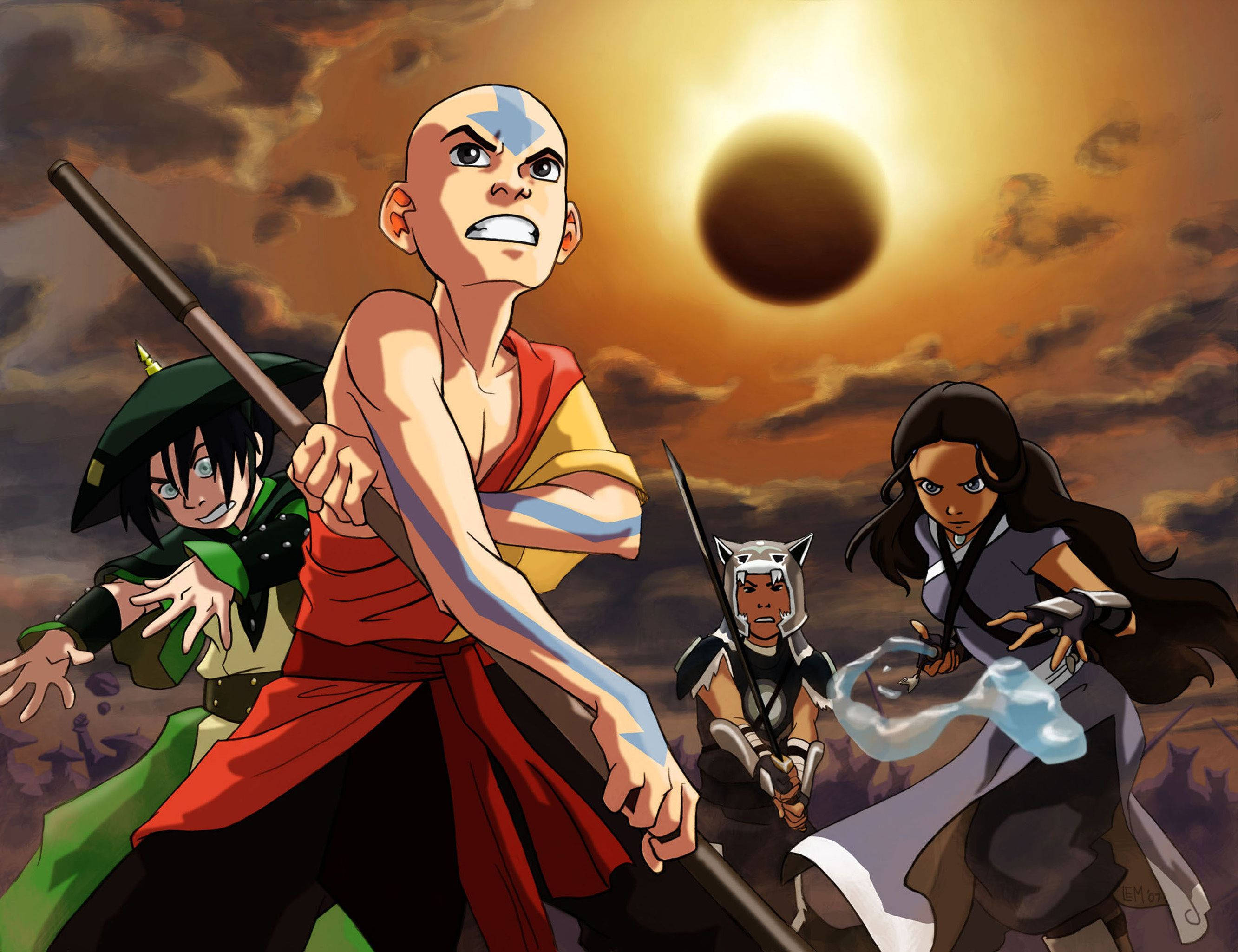 Airbender 桌布 壁紙 — 四個動畫英雄在戲劇性的橙色天空和黑暗太陽下擺出動態戰鬥姿勢。