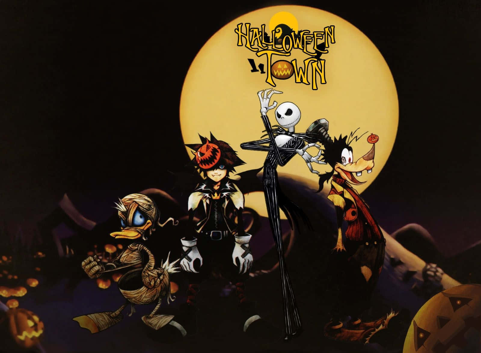 Halloweentown 桌布 壁紙 — 四個動畫萬聖節角色站在發光的滿月前，上方有「Halloween Town」文字。