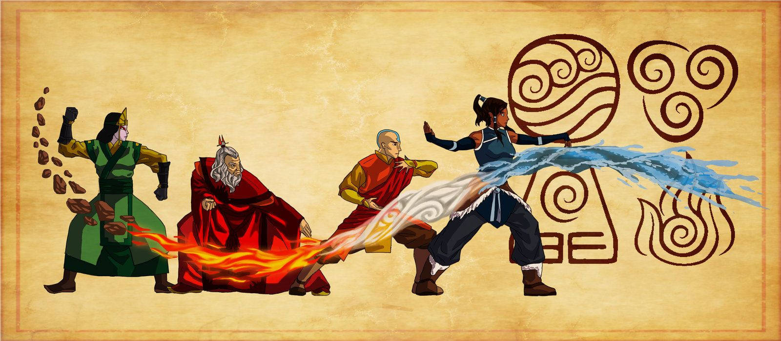 Airbender 桌布 壁紙 — 四個動畫角色以動態姿勢引導地、火、風、水元素，背景為羊皮紙，帶有元素符號。