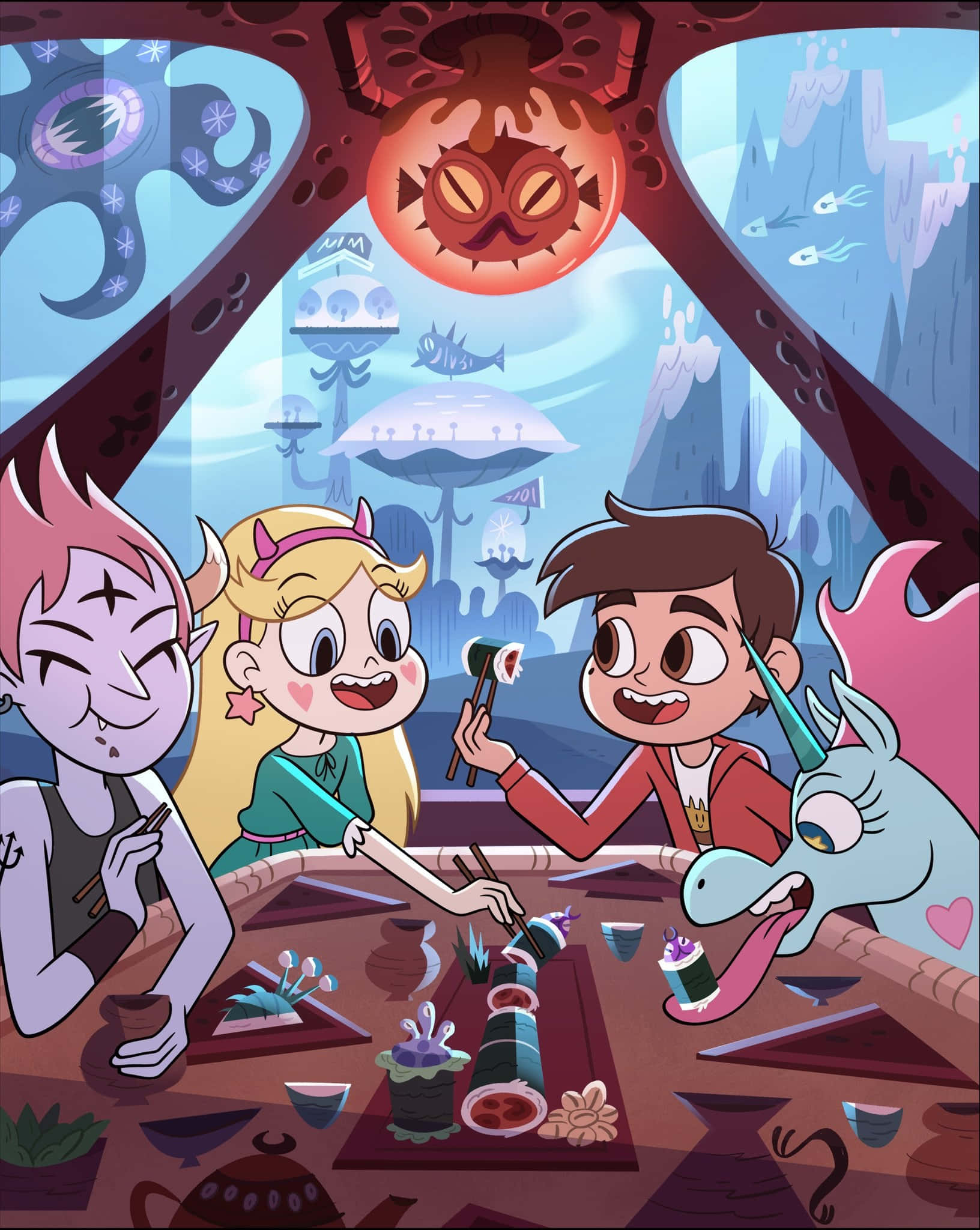 Star Vs The Forces Of Evil 桌布 壁紙 — 四個動畫角色在一個夢幻的外星人餐廳內享用奇特的壽司餐，餐廳有發光的窗戶和漂浮的魚。