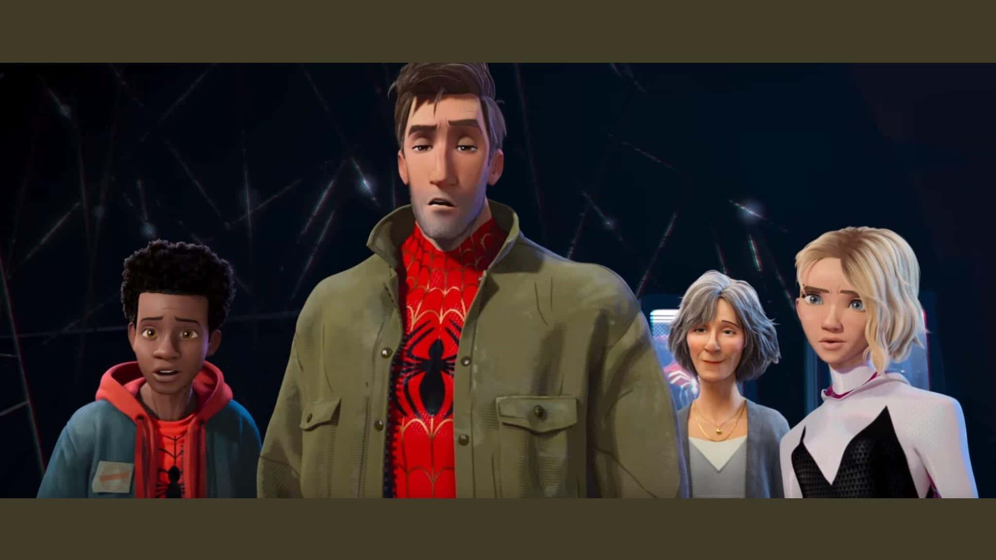 Aunt May 桌布 壁紙 — 四個動畫角色在一個黑暗的網狀環境中站在一起，蜘蛛人和蜘蛛關穿著超級英雄服裝。