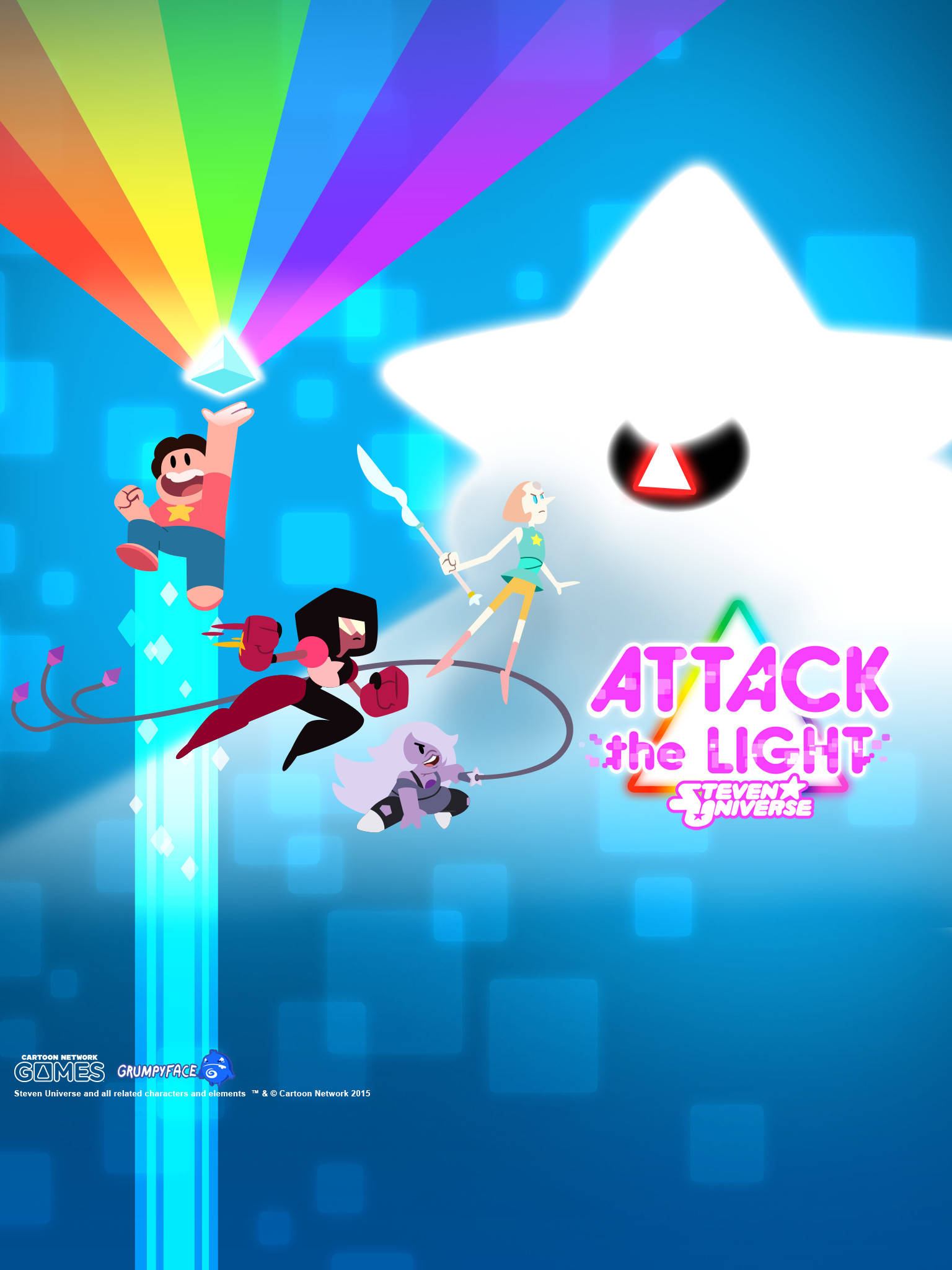 Steven Universe iPad 桌布 壁紙 — 四個動畫角色在充滿活力的藍色數位場景中，用彩虹光束對抗一顆巨大的發光星星。