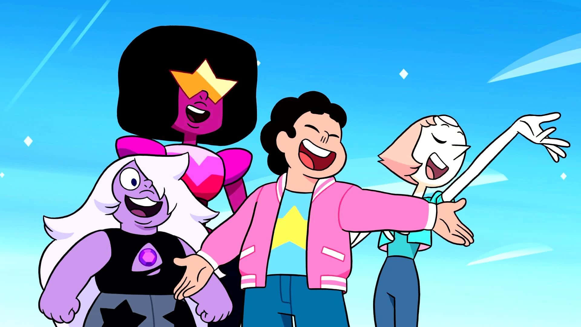 Steven Universe iPad 桌布 壁紙 — 四個動畫角色在帶有條紋和閃光的明亮藍天下歡樂地大笑。