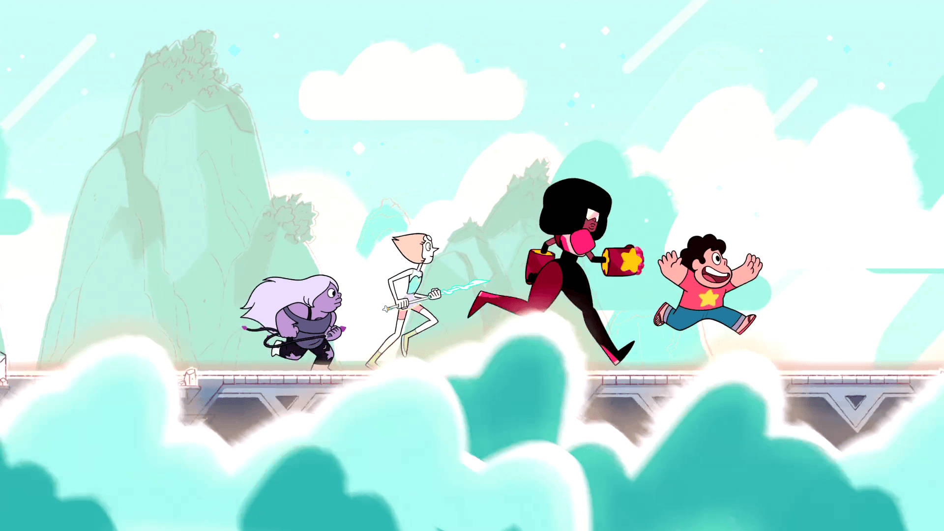 Steven Universe 桌布 壁紙 — 四個動畫角色在明亮的粉彩天空下，穿過浮雲和遠山，衝過一座橋。
