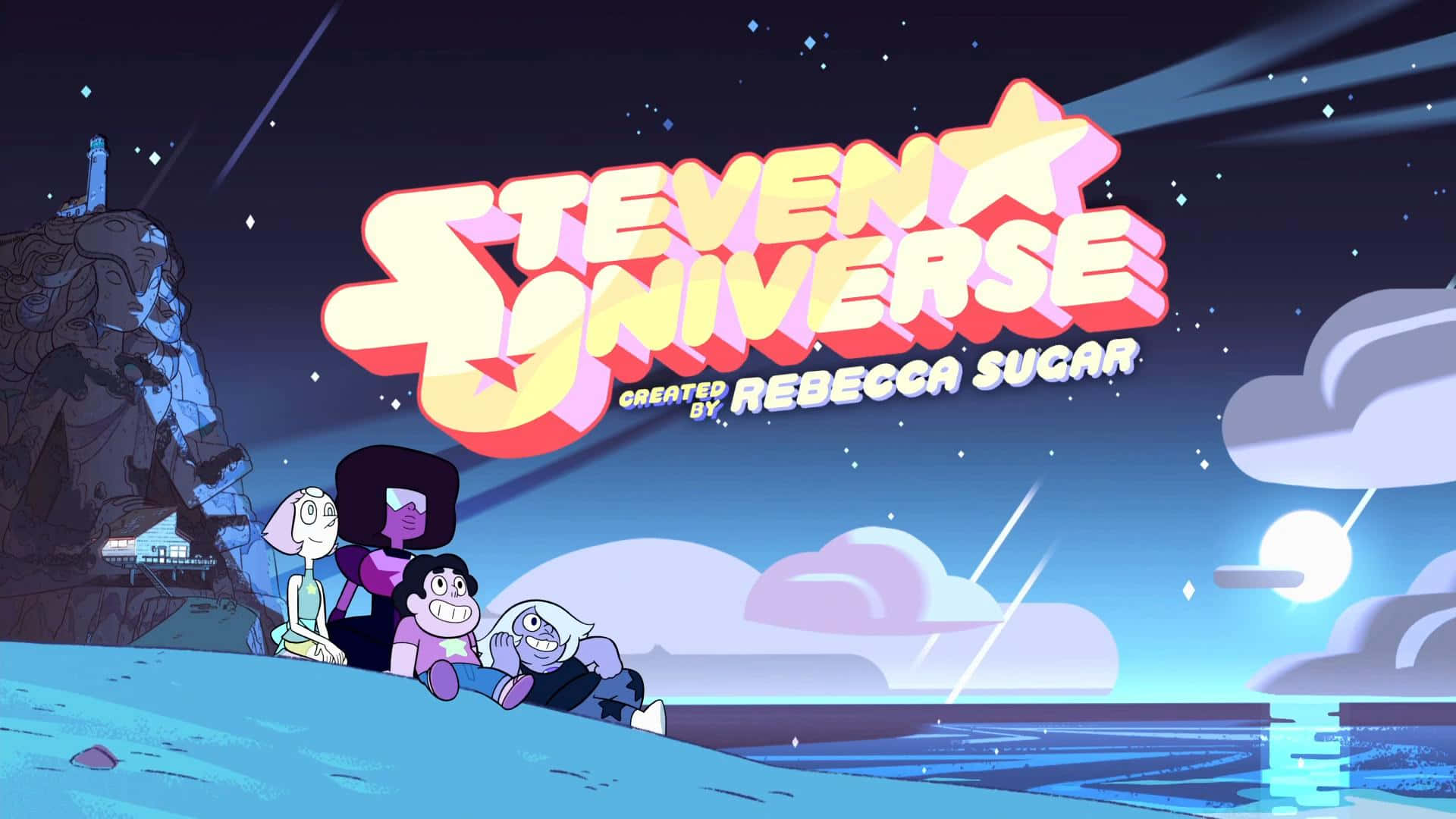 Steven Universe iPad 桌布 壁紙 — 四個動畫角色坐在藍色海灘上，星空下，上方有發光的「Steven Universe」標誌。