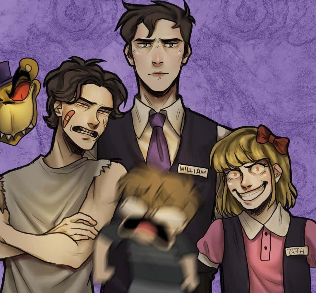 Afton Family 桌布 壁紙 — 四個動畫角色帶著強烈的表情，站在旋轉的紫色背景前。