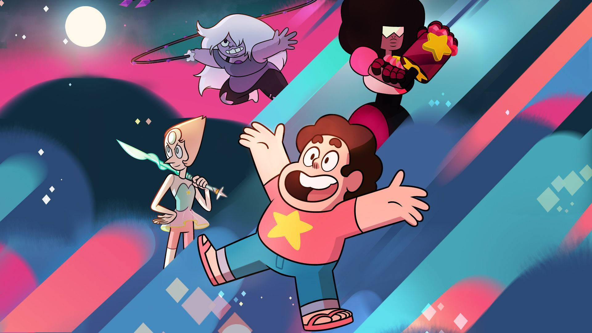Cartoon Network 桌布 壁紙 — 四個動畫角色愉快地跳躍穿過充滿霓虹色彩和漂浮星星的充滿活力的宇宙空間。