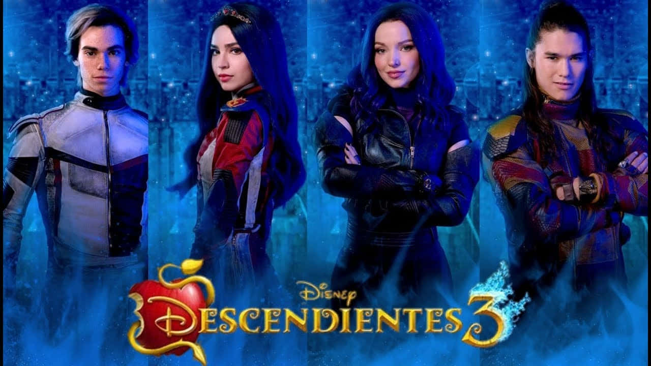 Disney Descendants 桌布 壁紙 — 四個動畫角色穿著未來風格服裝，自信地站在發光的藍色城市景觀背景前。