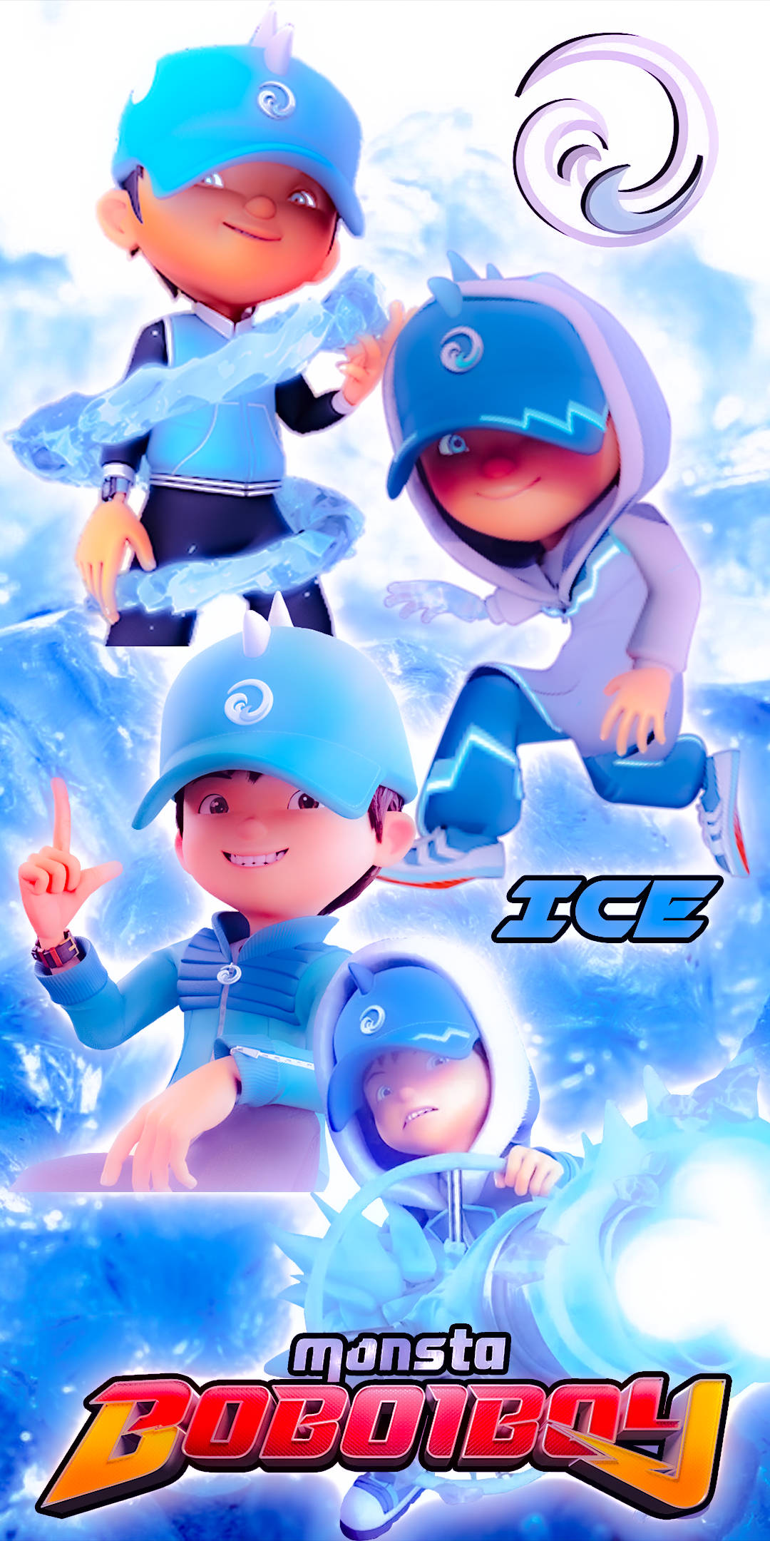 Cartoon Boy 桌布 壁紙 — 四個動畫角色穿著藍色冰主題服裝，在發光的冰背景和「Monsta Boboiboy」標誌前動態擺姿勢。
