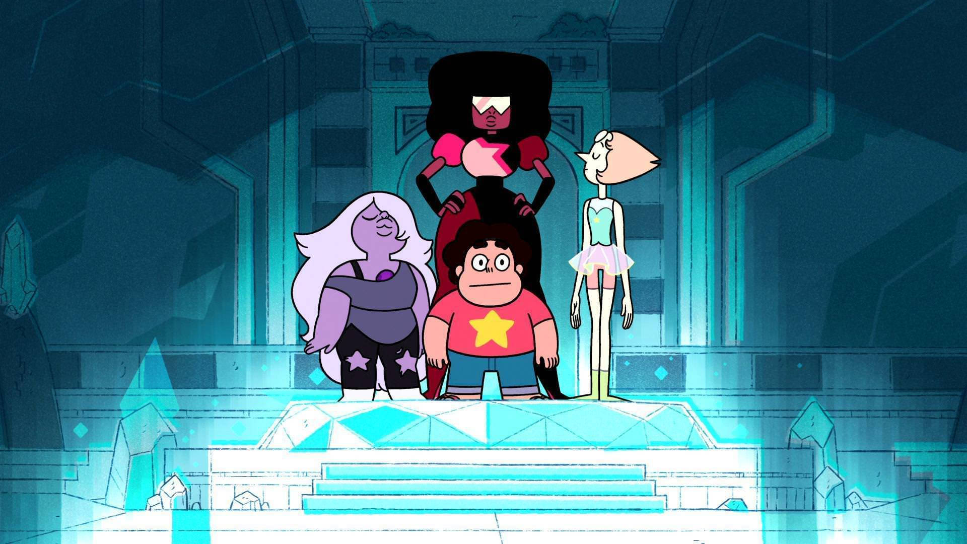 Cartoon Network 桌布 壁紙 — 四個動畫角色站在一個發光的藍色水晶平台上，身處一個具有幾何建築風格的未來主義寺廟中。