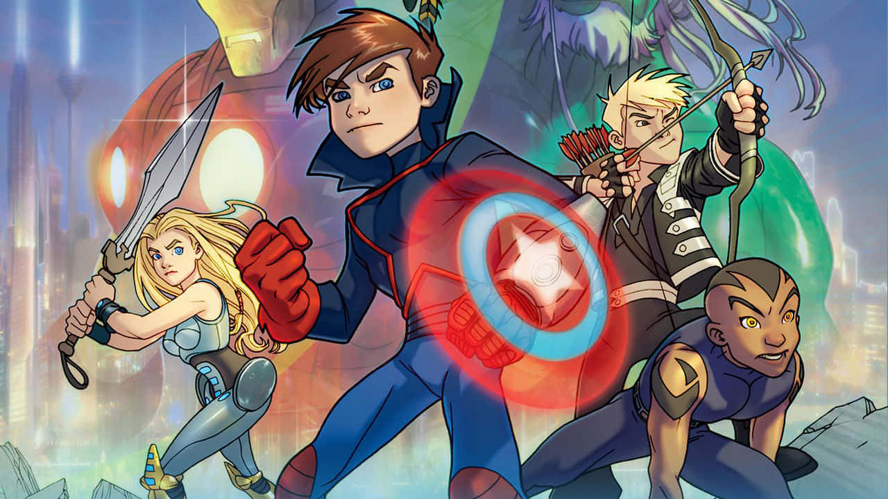 Animated Superhero Movies 桌布 壁紙 — 四個動畫超級英雄以動感姿勢，手持發光盾牌和武器，背景是未來城市。