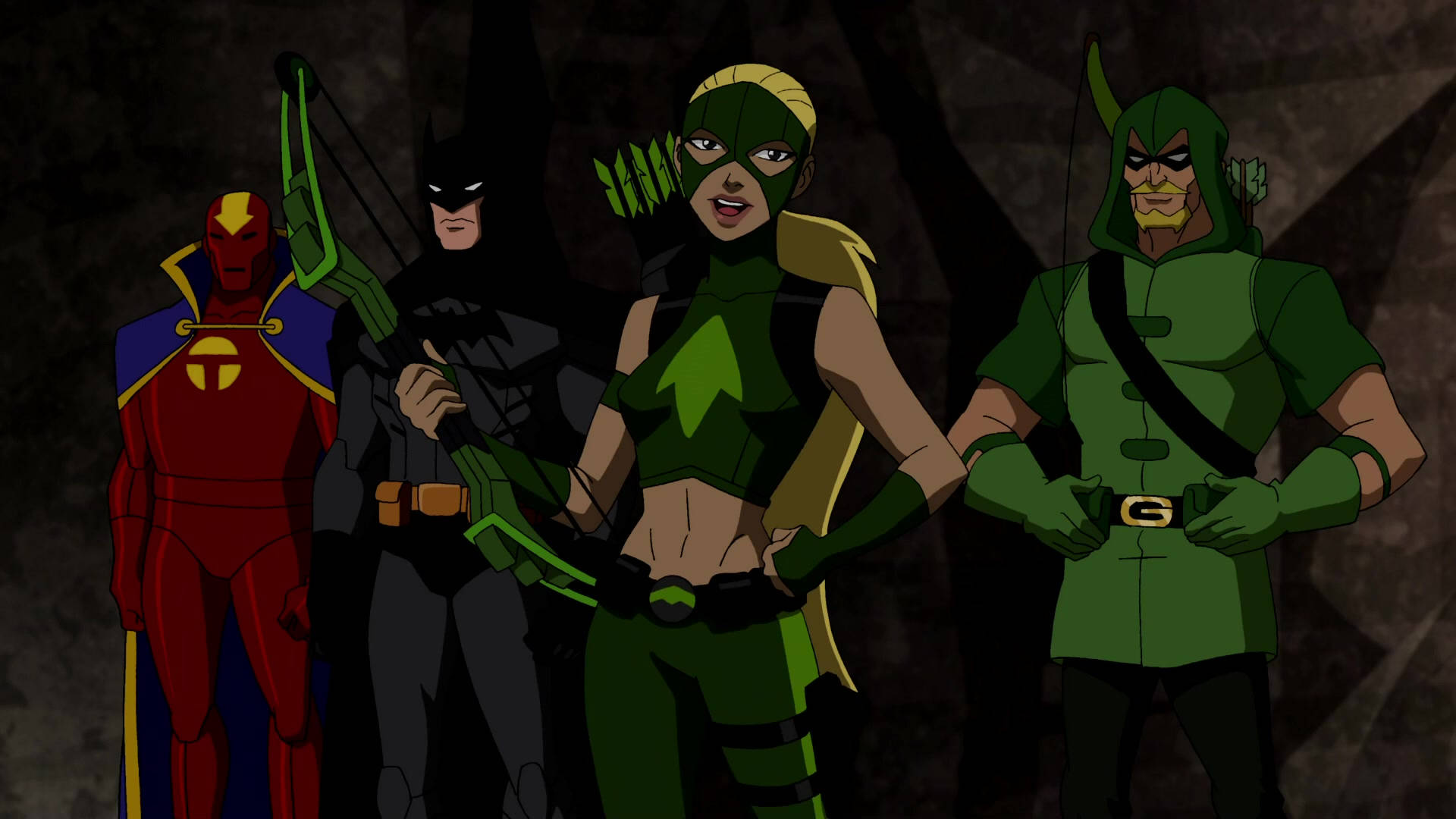 Green Arrow 桌布 壁紙 — 四個動畫超級英雄自信地站在一個黑暗的洞穴中，帶有發光的綠色箭頭和大膽的服裝。