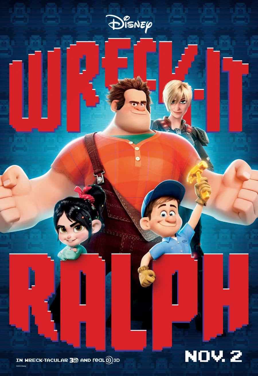 Disney 3d Movies 桌布 壁紙 — 四個動畫電玩角色英雄式地站在像素化藍色背景上，帶有粗體紅色標題文字。