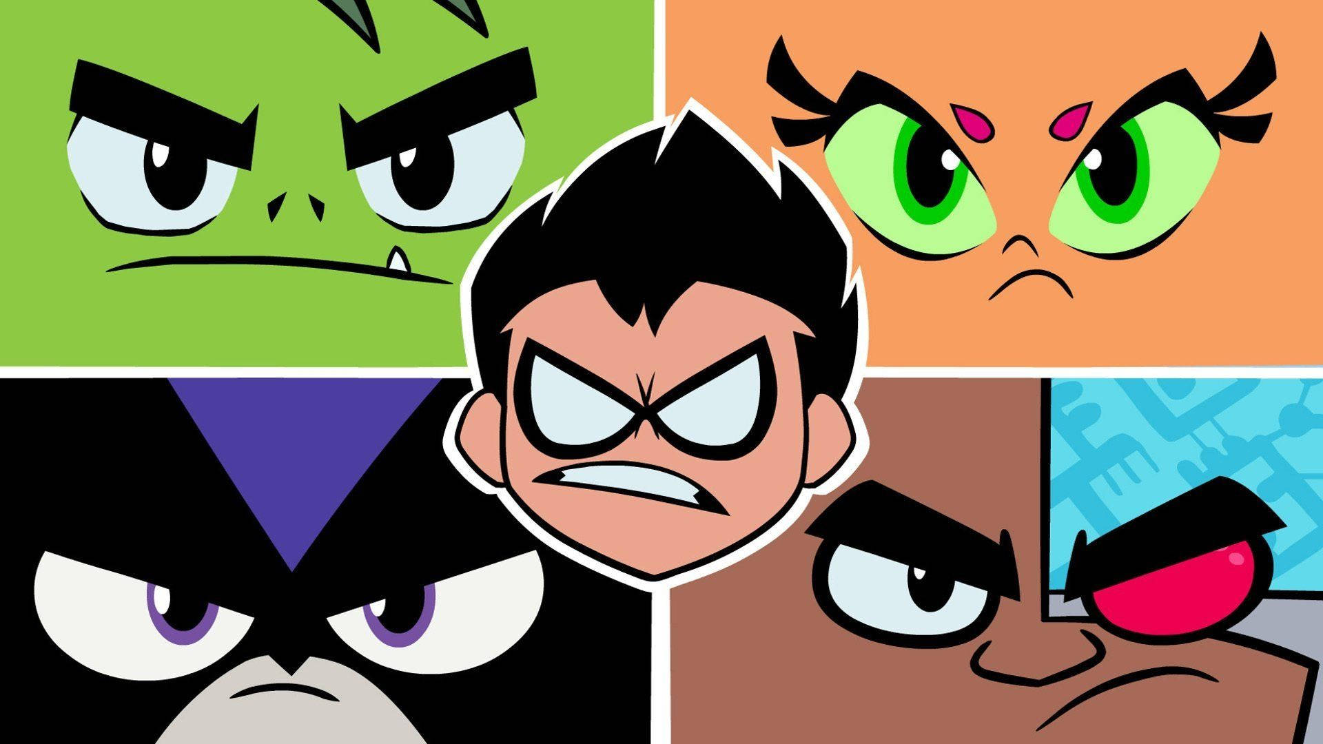 teen titans go 桌布 壁紙 — 四個動畫青少年超級英雄在鮮豔大膽的網格佈局中展現兇猛憤怒的表情。