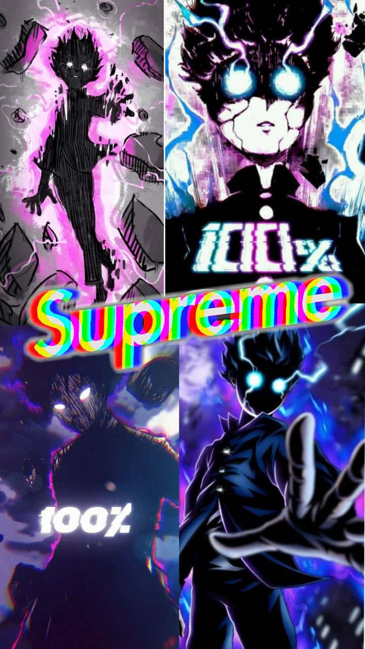 Mob Psycho iPhone 桌布 壁紙 — 四個動畫面板展示一個角色，眼睛發光並帶有電擊效果，呈現鮮豔的紫色、藍色和粉紅色調，並帶有「Supreme」和「100%」文字疊加。