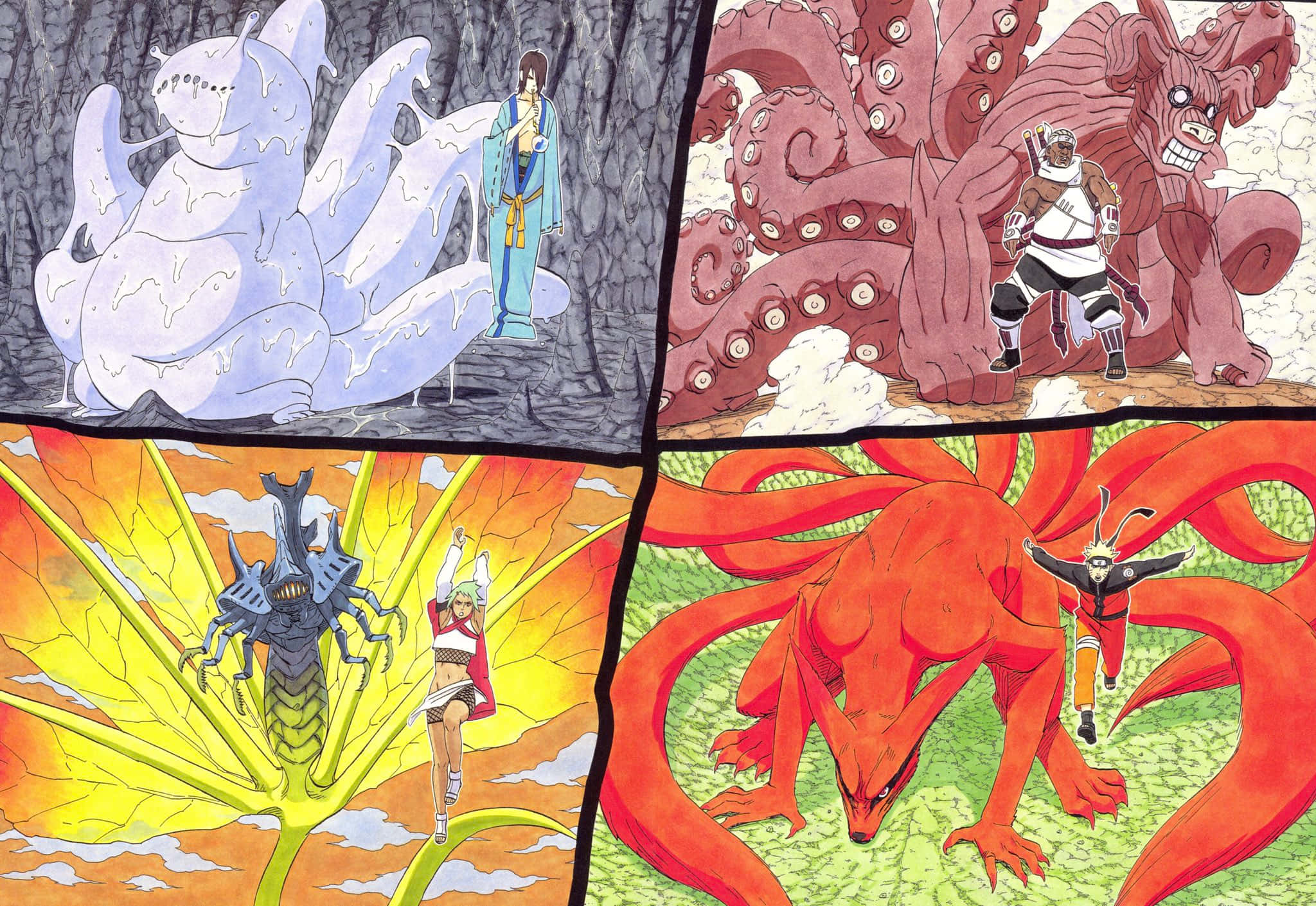 Tailed Beasts 桌布 壁紙 — 四個動畫面板展示忍者們在森林和火焰場景中與巨型尾獸戰鬥。