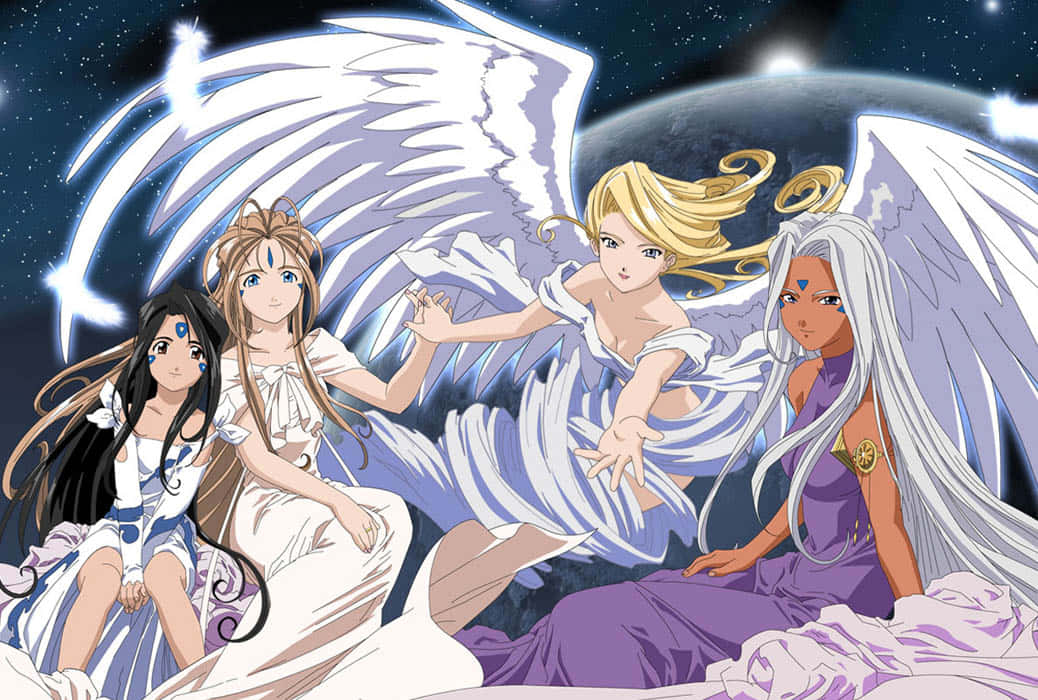 Ah My Goddess 桌布 壁紙 — 四個動畫風格的天使，擁有巨大的白色翅膀，在星空的宇宙背景下漂浮，背景中有一顆行星和發光的天體光芒。