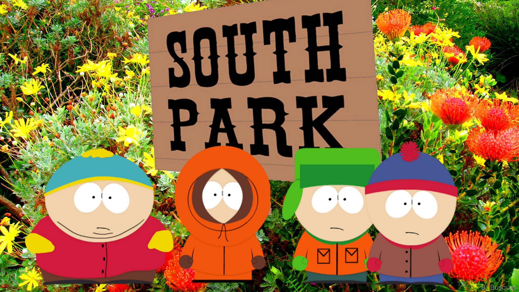 Kenny 桌布 壁紙 — 四個南方公園卡通人物站在一個寫著「SOUTH PARK」的木牌前，周圍環繞著鮮豔的黃色和紅色花朵。