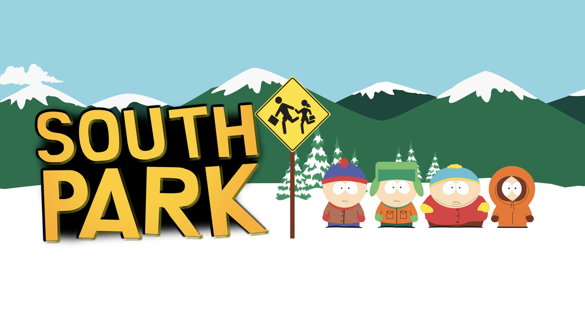 南方公園 桌布 壁紙 — 四個南方公園卡通小孩站在雪地裡，背後有山脈，天空蔚藍。