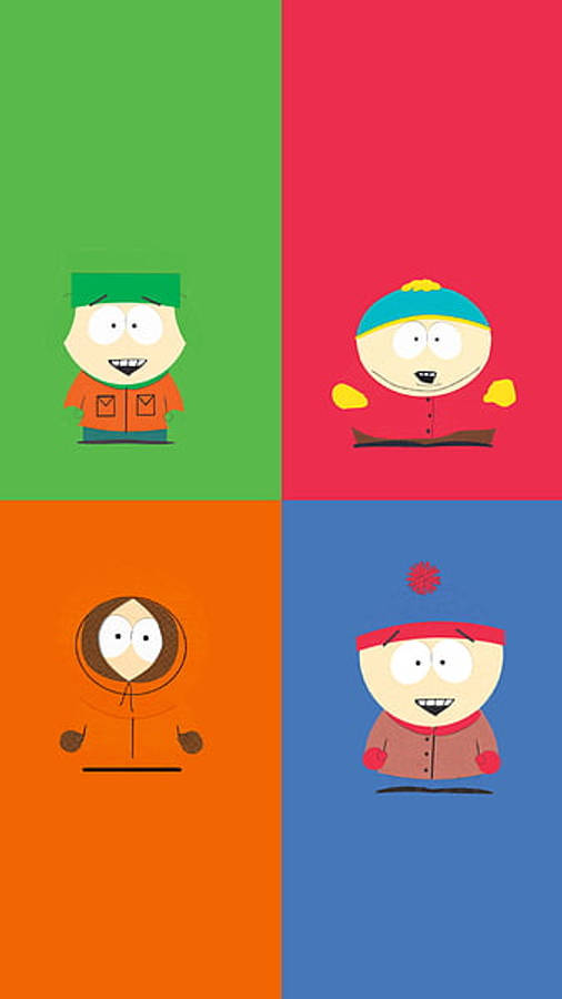 stan marsh 桌布 壁紙 — 四個南方公園角色分別位於不同顏色的面板中，每個都有獨特的表情和冬季服裝。