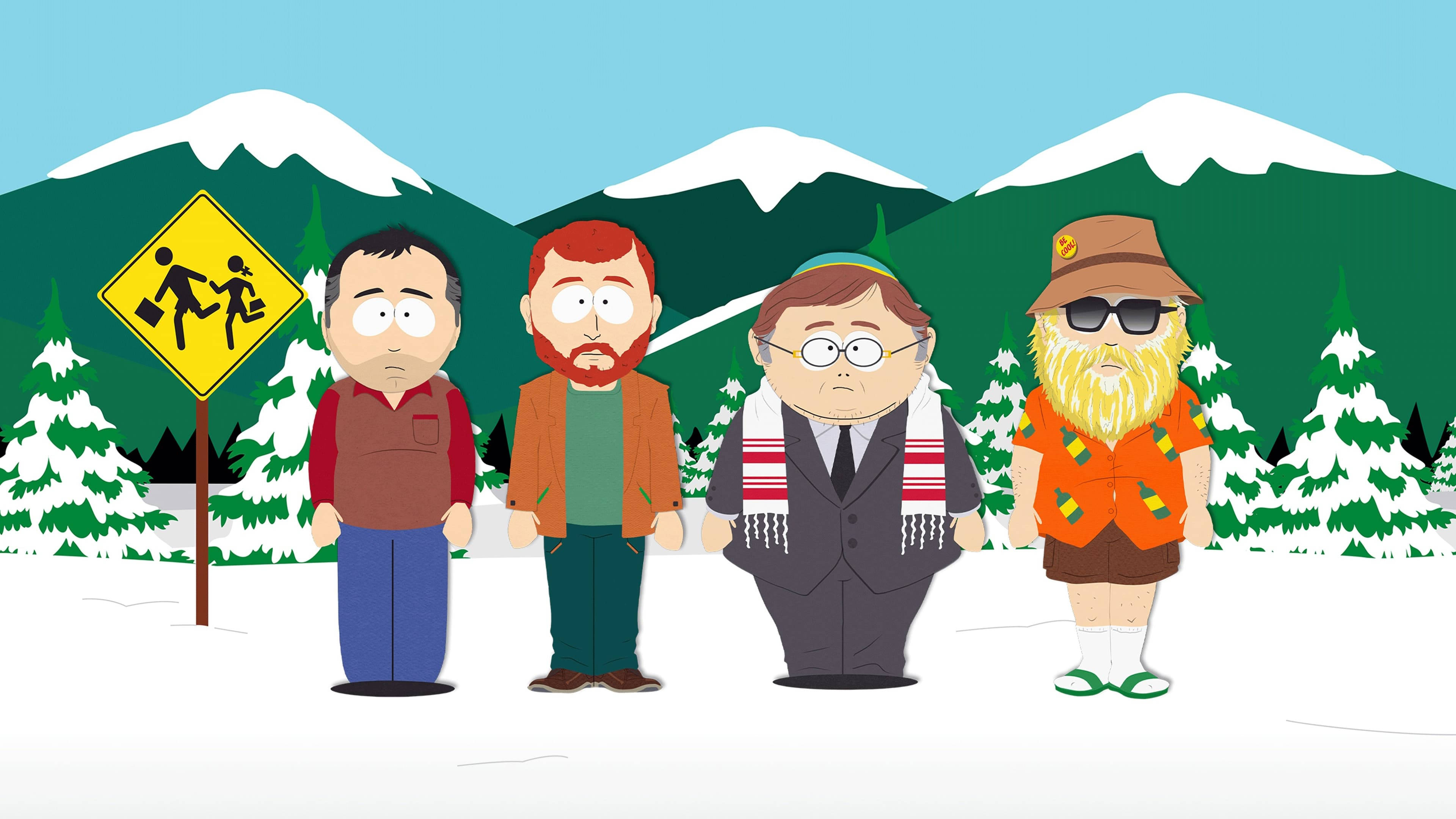 Cartman 桌布 壁紙 — 四個南方公園角色站在雪地森林中，身後有積雪的山脈和行人穿越道標誌。