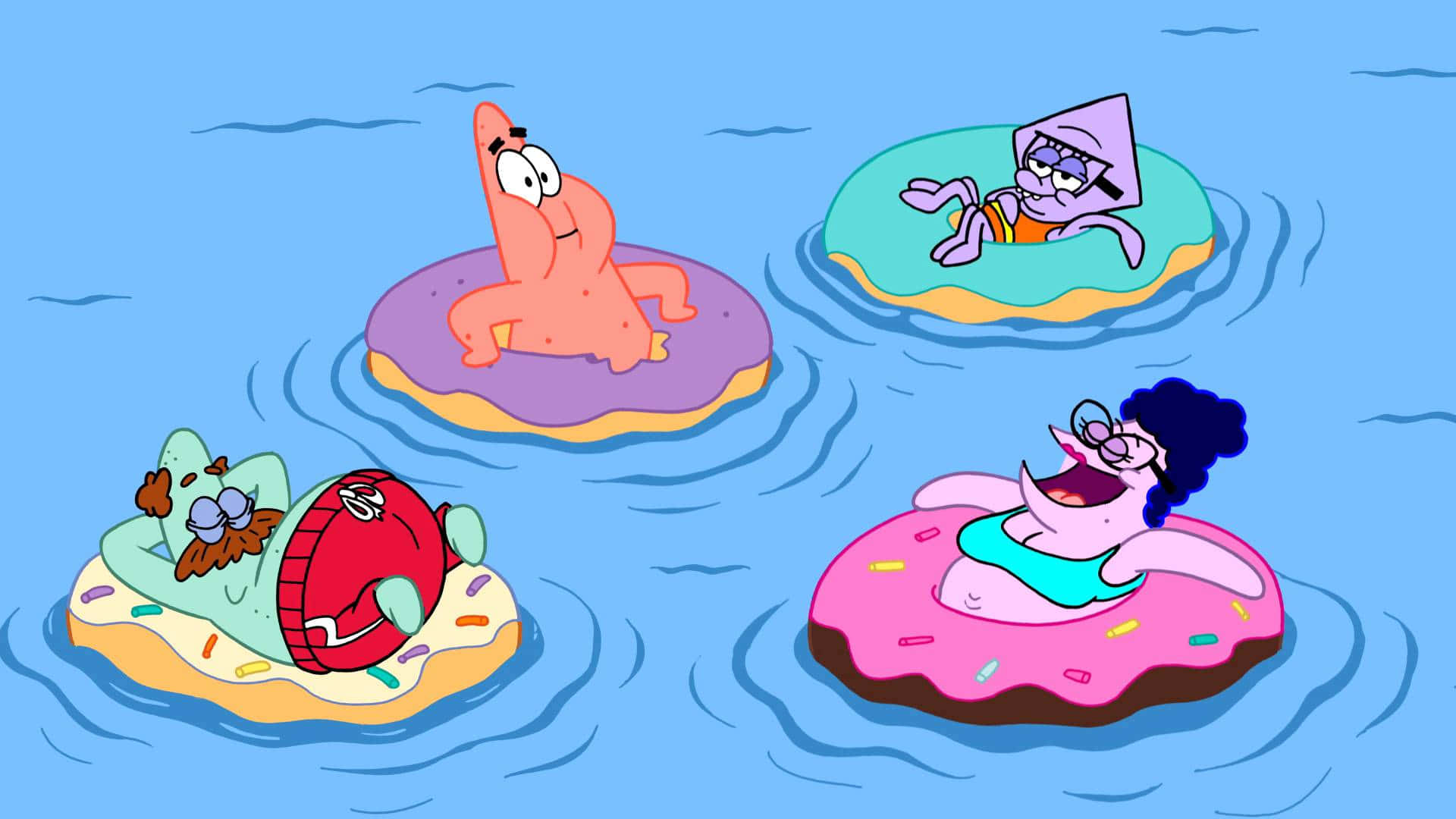 Cartoon 桌布 壁紙 — 四個卡通人物懶洋洋地漂浮在色彩繽紛的甜甜圈形狀筏上，平靜的藍色水中。