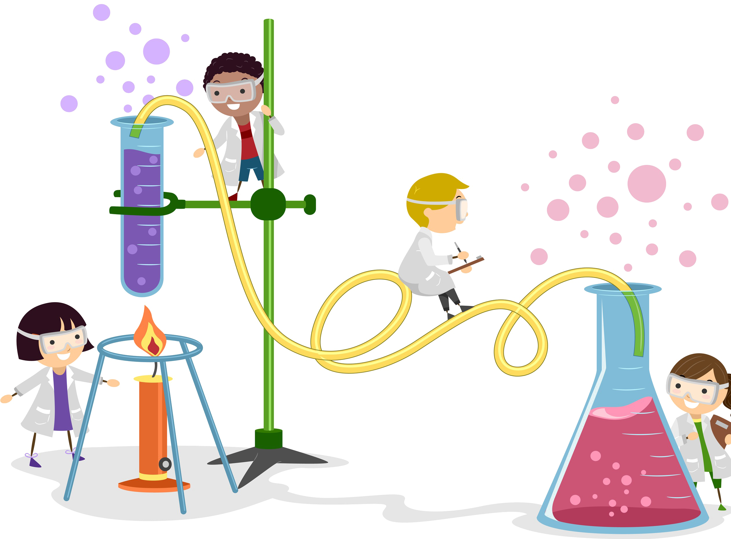 科學 桌布 壁紙 — 四個卡通兒童穿著實驗室外套，在彩色插圖中進行一項科學實驗，涉及冒泡的液體和火焰。