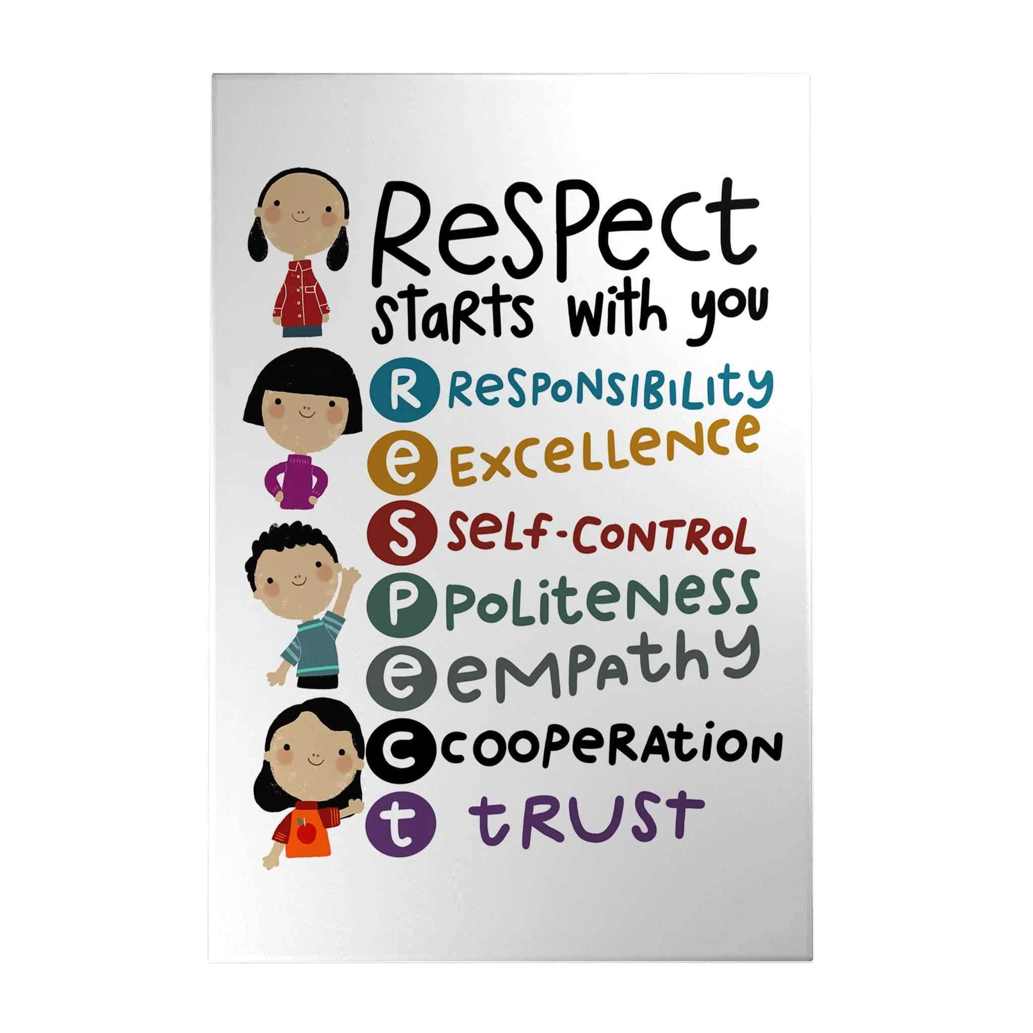 Respect 桌布 壁紙 — 四個卡通兒童站在色彩繽紛的字母旁邊，拼出「尊重從你開始」，每個字母下方列出美德。