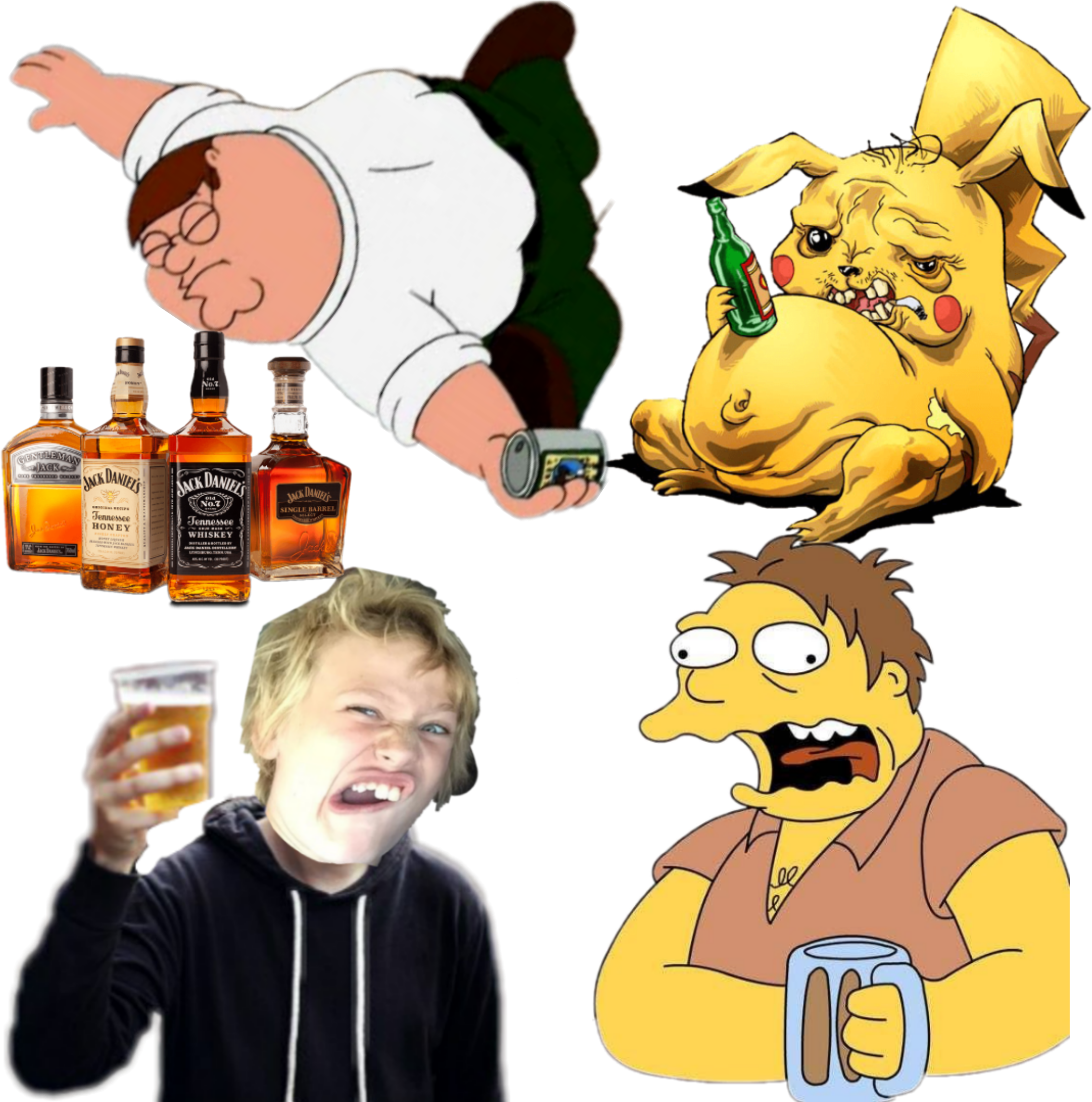 Drunk 桌布 壁紙 — 四個卡通和真人醉倒，拿著威士忌酒瓶和啤酒杯。