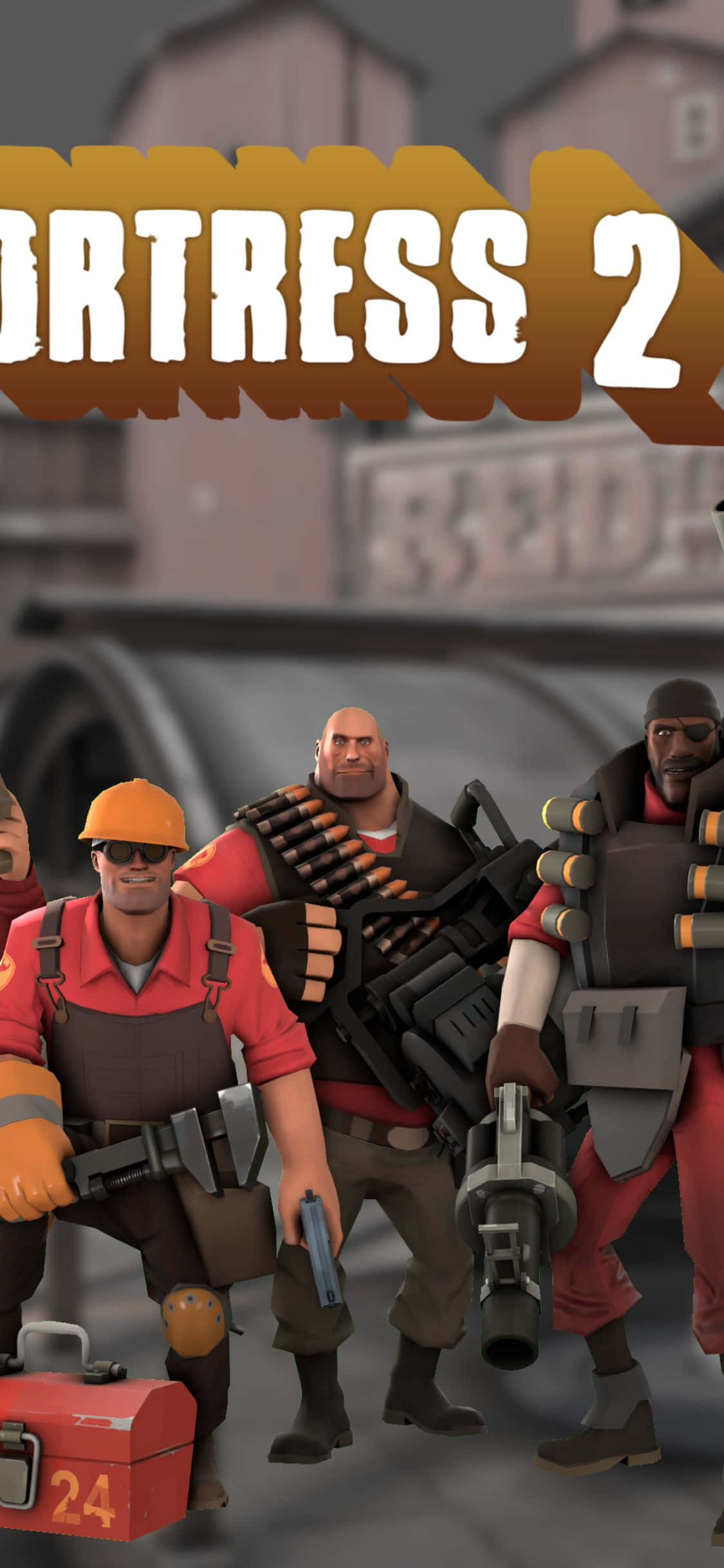 iPhone Xs Team Fortress 2 桌布 壁紙 — 四個卡通士兵身穿紅色制服，在粗糙的工業環境中準備好重型武器。