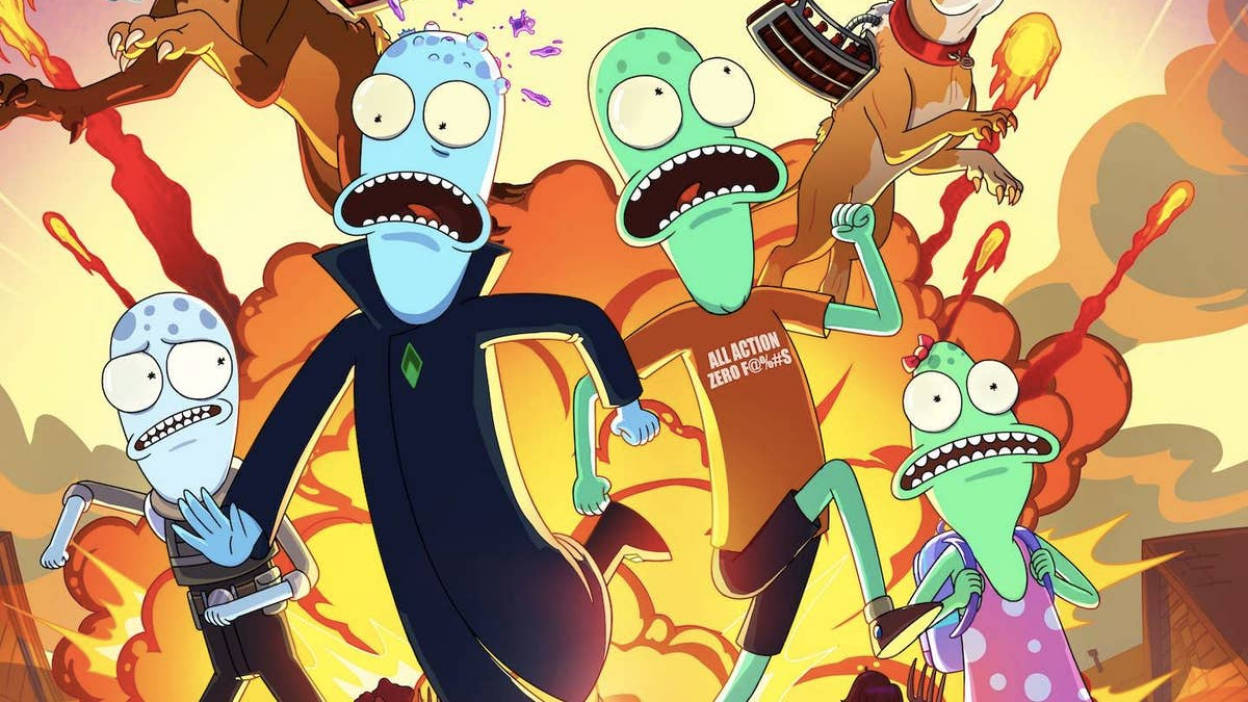 Animated 桌布 壁紙 — 四個卡通外星人睜大眼睛、張開嘴巴，瘋狂地穿過火焰和煙霧旋轉的猛烈爆炸。