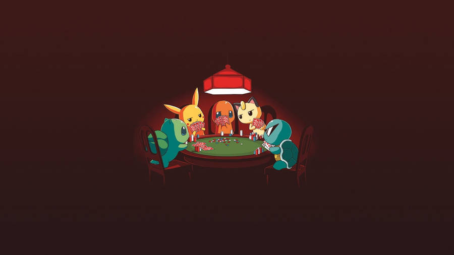Poker 桌布 壁紙 — 四個卡通寶可夢角色在昏暗的房間裡，在一盞紅燈下激烈地玩撲克。