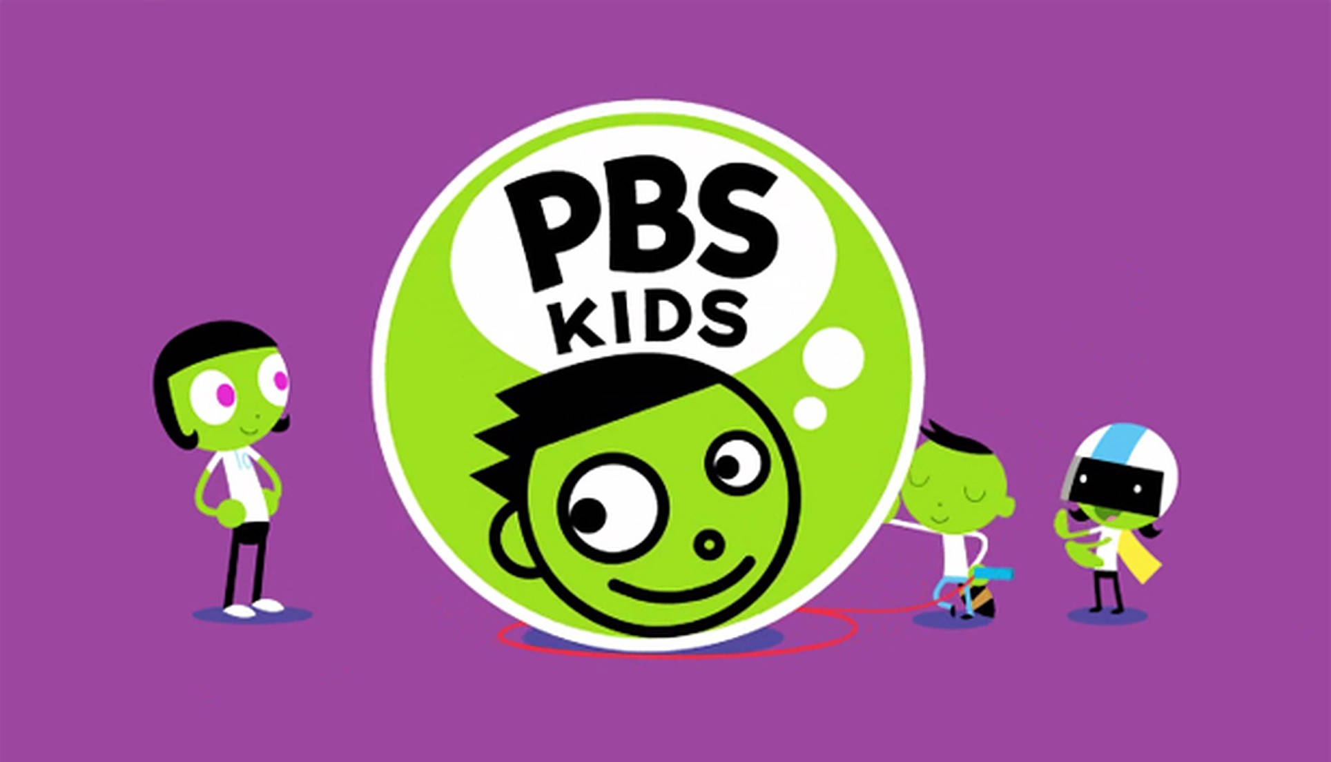 Pbs 桌布 壁紙 — 四個卡通小孩圍繞著一個大型PBS Kids標誌，上面有一個微笑的綠色臉孔，背景為紫色。