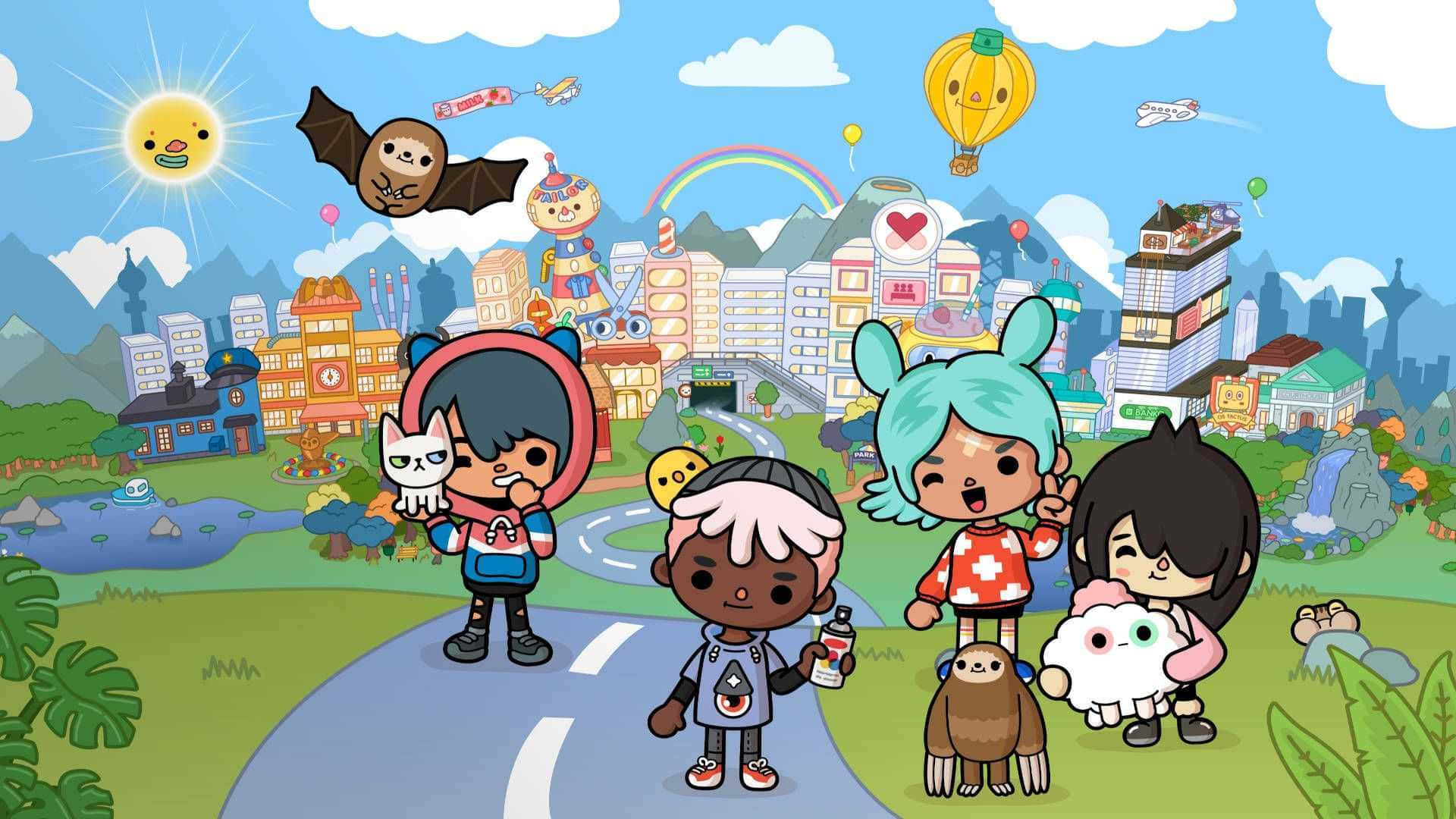Cartoon Characters 桌布 壁紙 — 四個卡通小孩帶著寵物站在一條路上，背景是奇幻的城市景觀，明亮的太陽下有漂浮的動物和彩虹。