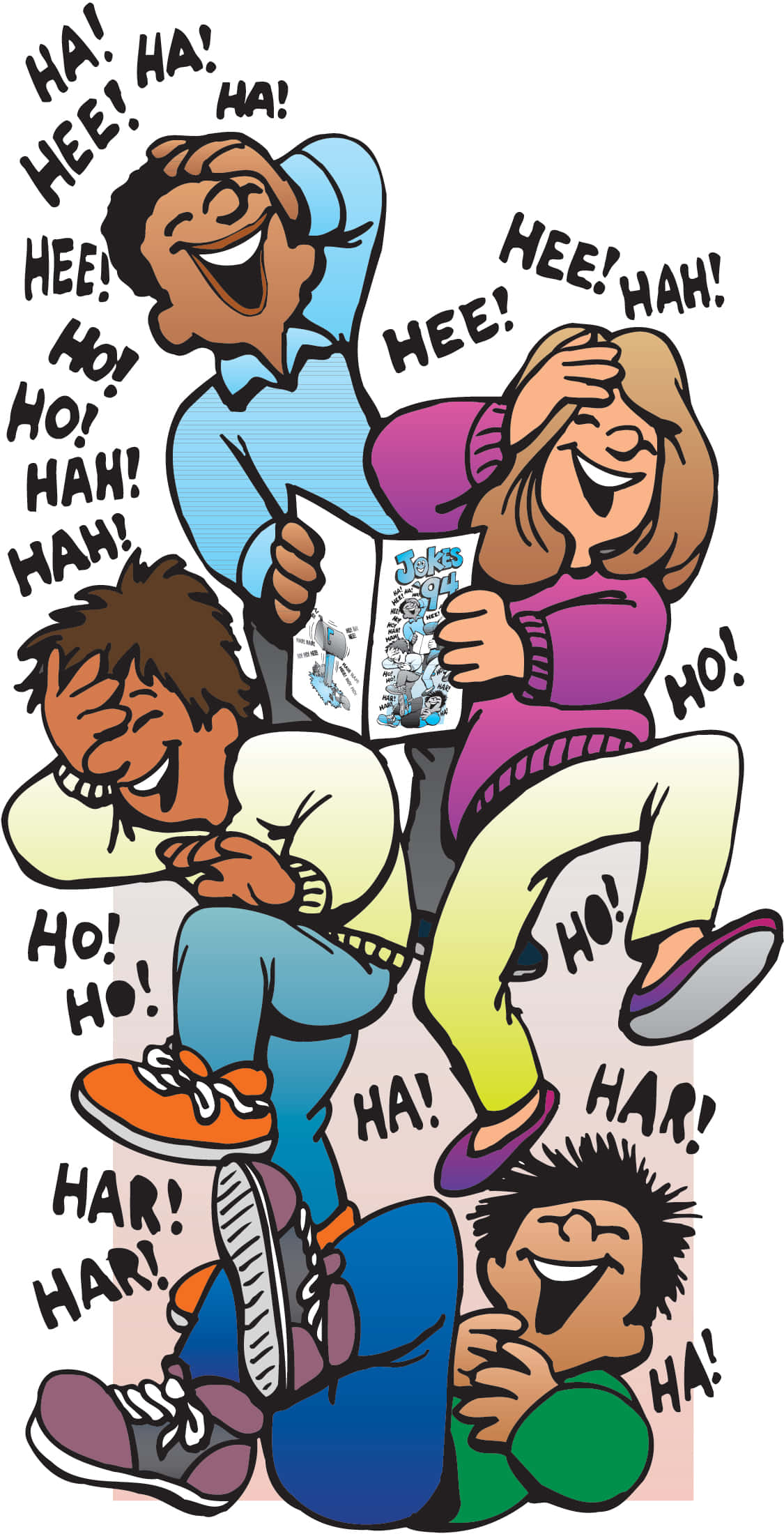 Laughing 桌布 壁紙 — 四個卡通小孩疊在一起，拿著笑話書，周圍有音效飛舞，歇斯底里地大笑。