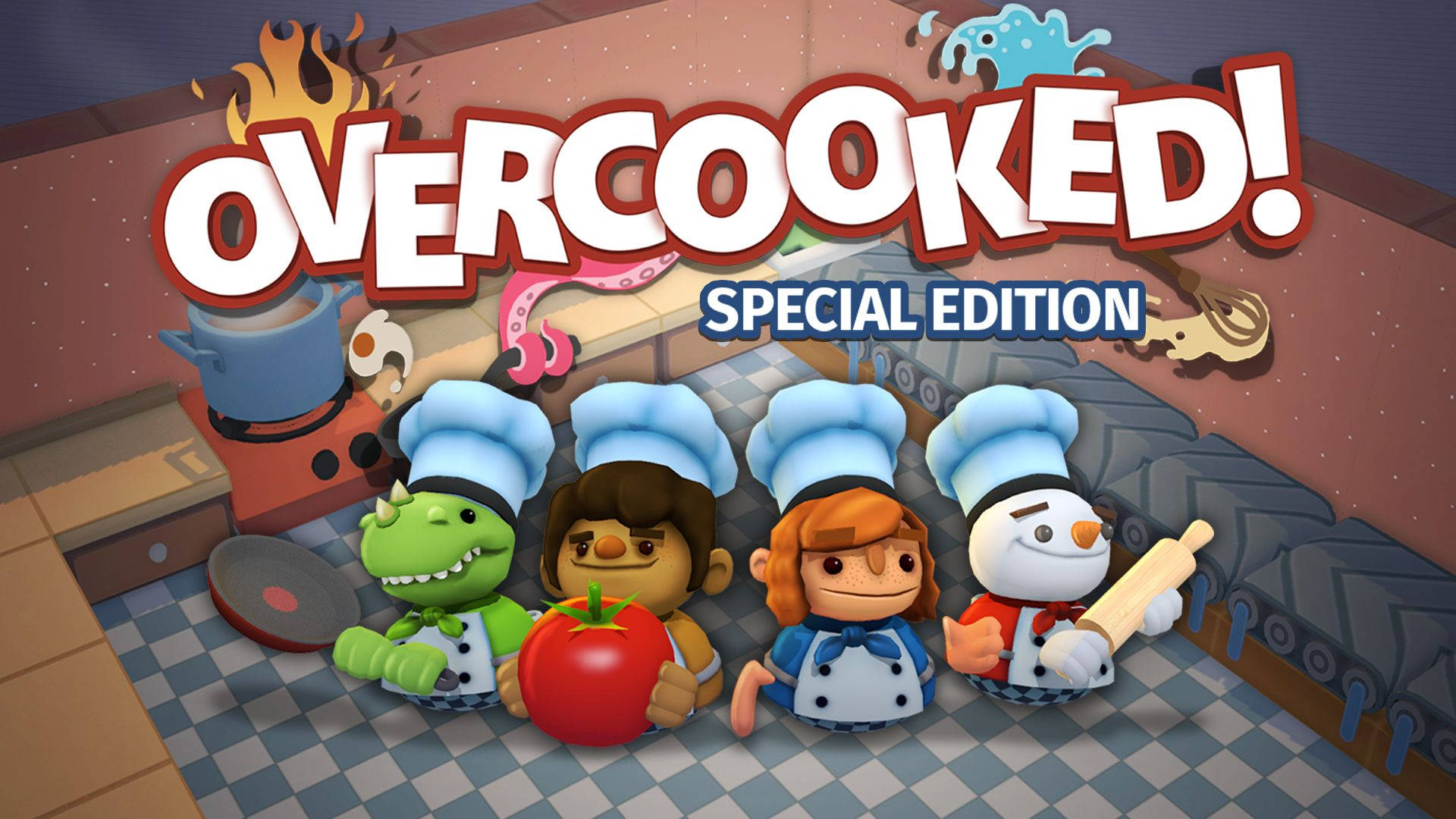 Overcooked 桌布 壁紙 — 四個卡通廚師在一個混亂的廚房裡，有火焰鍋和一個巨大的番茄。