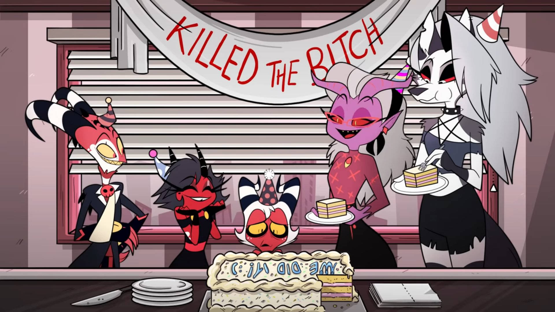 boss 桌布 壁紙 — 四個卡通惡魔在昏暗的房間裡用蛋糕和寫著「KILLED THE BITCH」的橫幅慶祝生日。