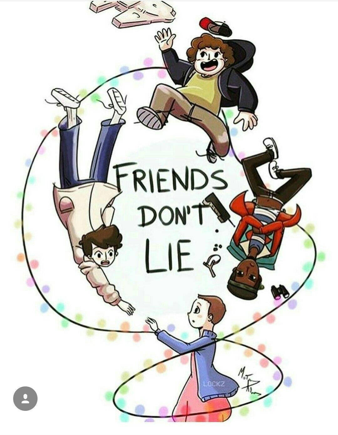 四個卡通朋友圍繞著「friends don't lie」這句話跳躍成一個圓圈，帶有彩色圓點。
